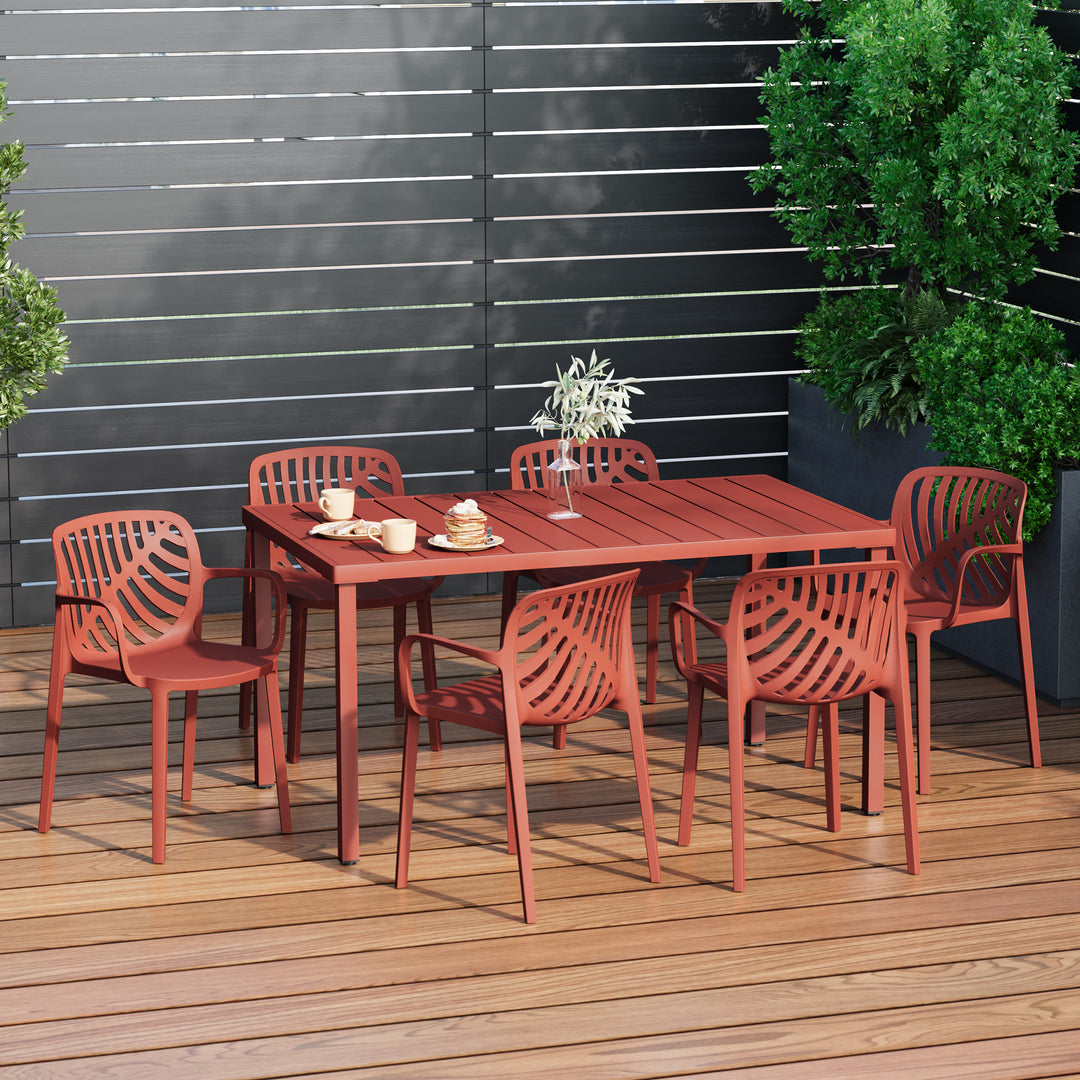 Playa 7-Piece Outdoor Metal Rectangle Patio Dining Table Set With Stackable Resin Patio Dining Chairs
