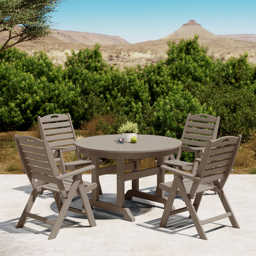 Malibu 5-Piece HDPE Round Patio Dining Table Set with Foldable Chairs
