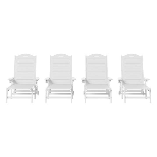 Aruba Outdoor HDPE Patio Chaise Lounges With Wheels & Cup Holder (Set of 4)