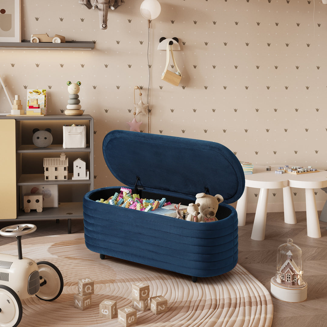 Phoebe 42" Wide Mid-Century Modern Upholstered Velvet Tufted Oval Storage Ottoman Bench