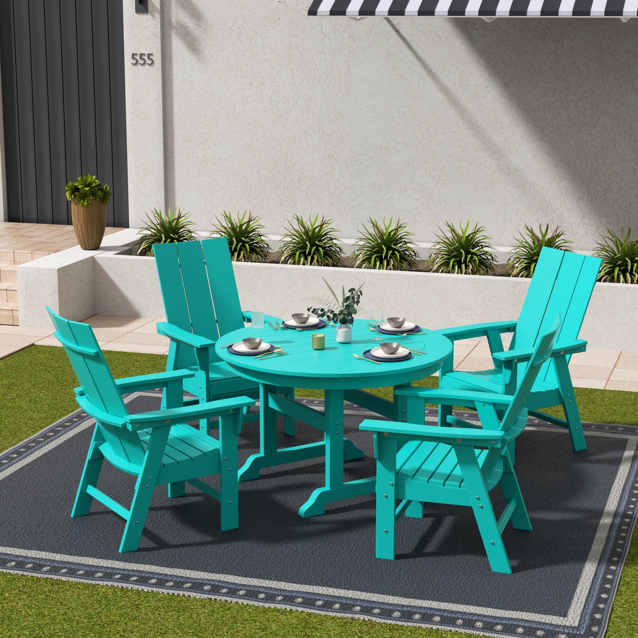 Ashore 5 Piece Outdoor Patio Dining Round Table and Modern Armchair Set