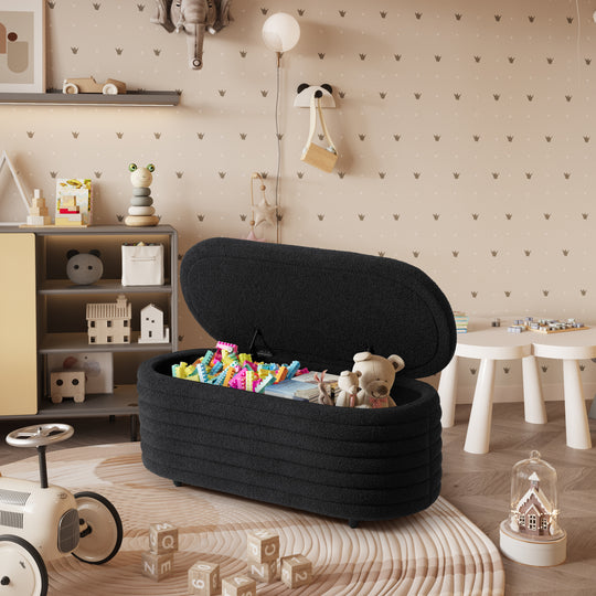 Alexandria 42" Wide Mid-Century Modern Upholstered Teddy Sherpa Tufted Oval Storage Ottoman Bench