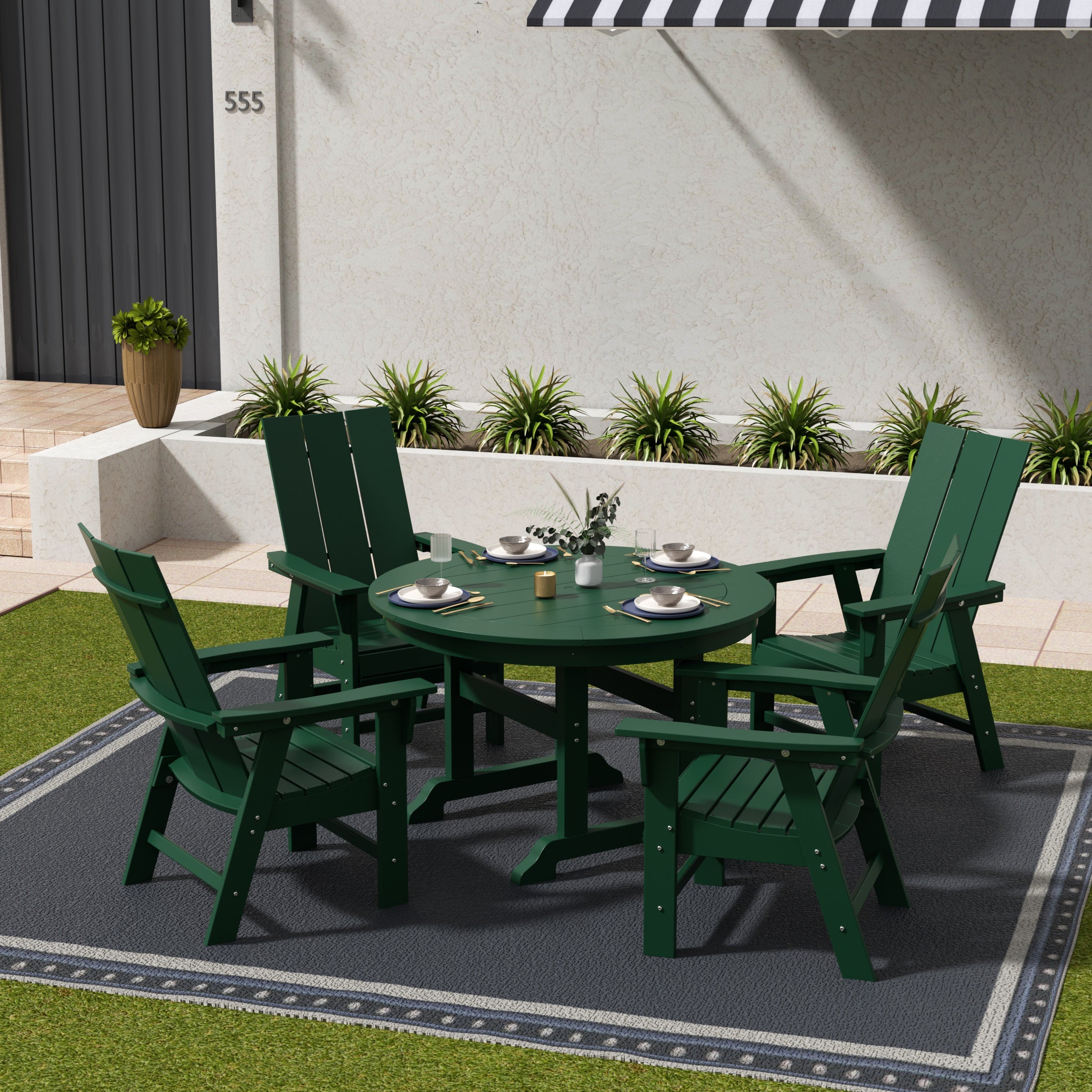 Ashore 5 Piece Outdoor Patio Dining Round Table and Modern Armchair Set