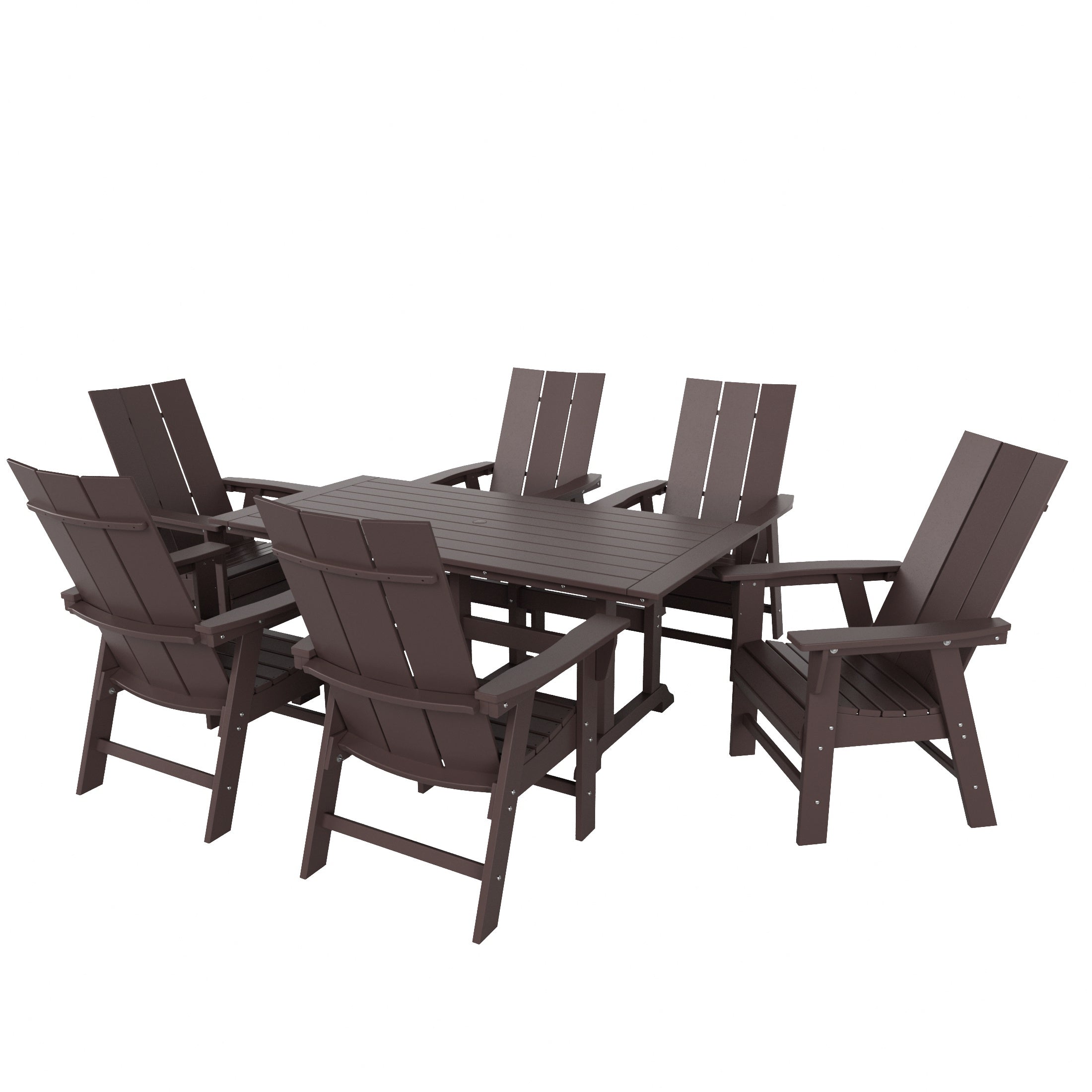 Ashore 7 Piece Outdoor Patio Dining Table and Modern Adirondack Armchair Set