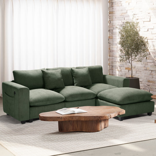 Hearthside 99" Modular Corduroy L-Shaped Sectional Sofa and Chaise With USB/Type-C Ports and Side Pockets