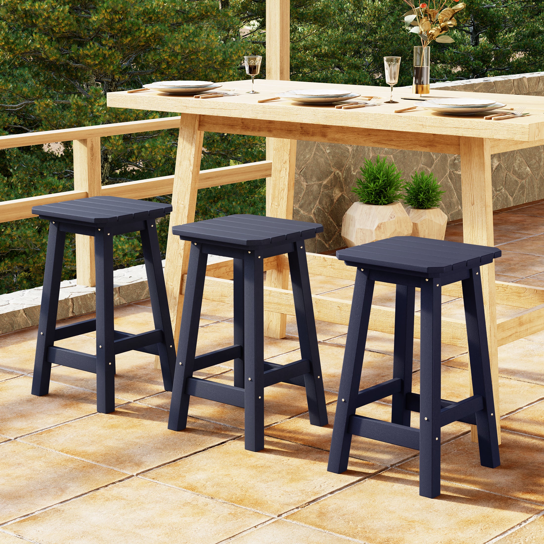 Malibu 24" HDPE Outdoor Patio Counter High Backless Square Bar Stools Set of Three