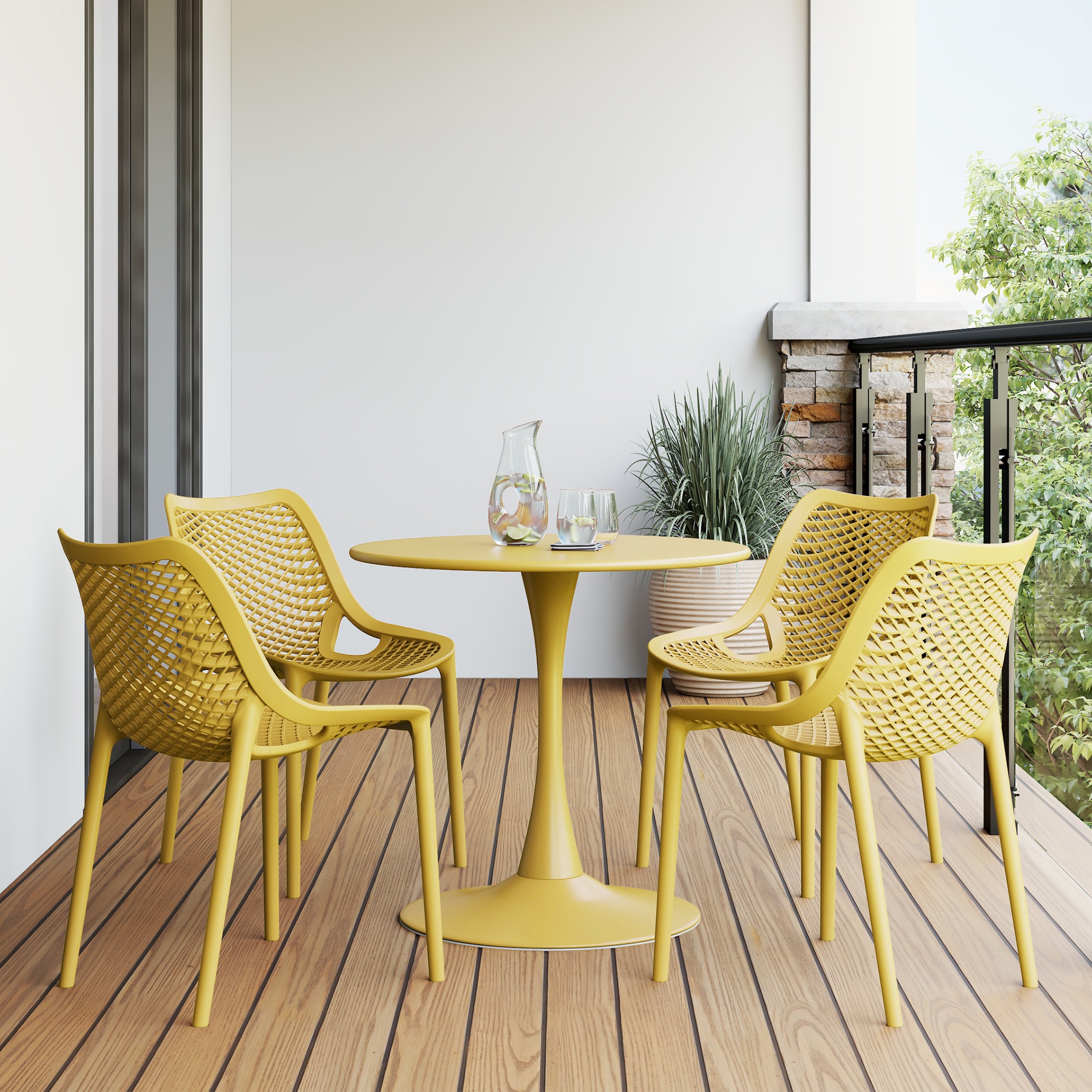 Playa 5-Piece Outdoor Indoor Round Metal Dining Table Set And Stackable Resin Patio Dining Side Chairs