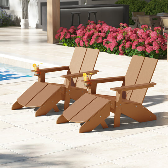 Riviera Outdoor 4-Piece HDPE Modern Adirondack Chairs Set with Folding Patio Ottomans and Cup Holder