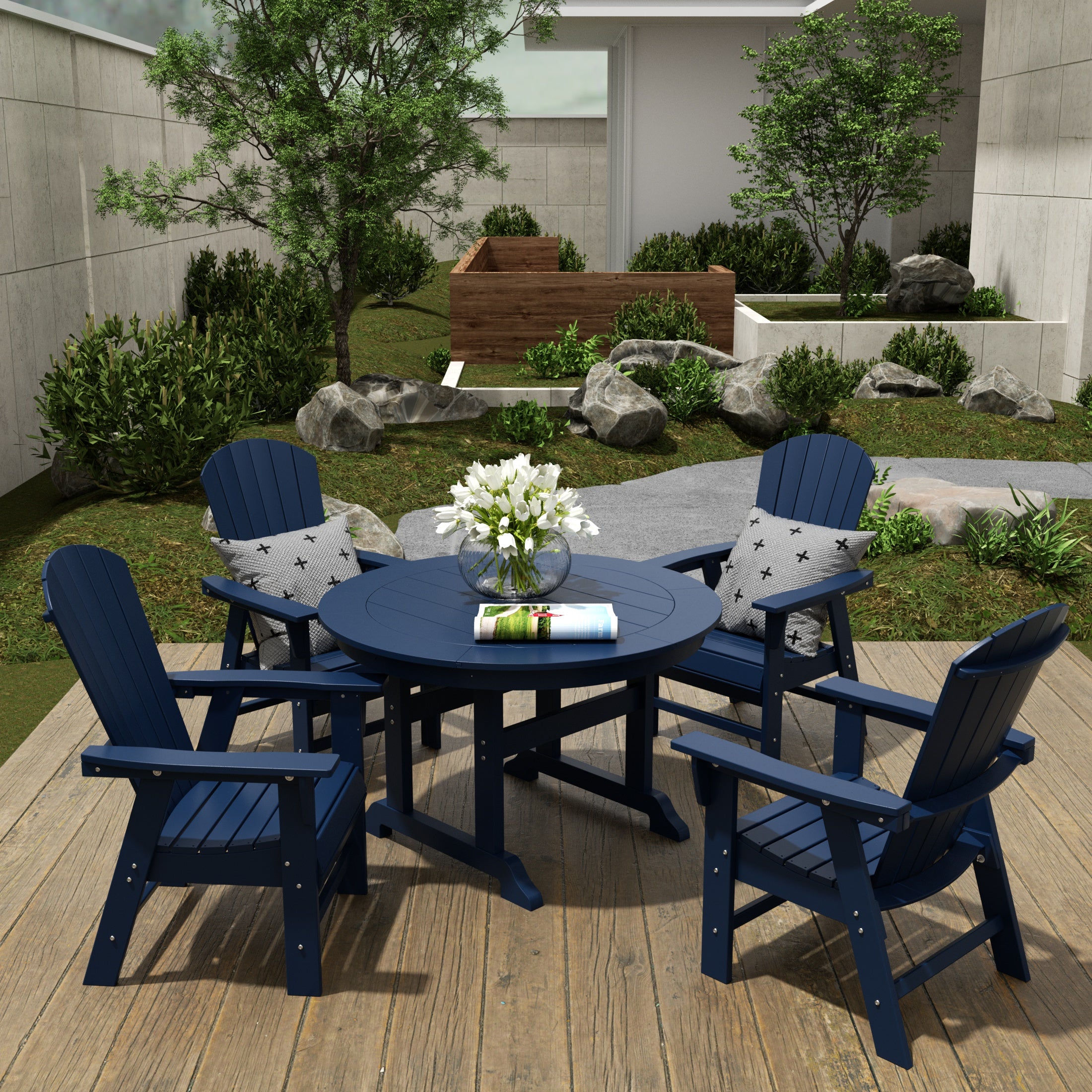 Dylan 5 Piece Outdoor Patio Dining Round Table and Shell Back Armchair Set
