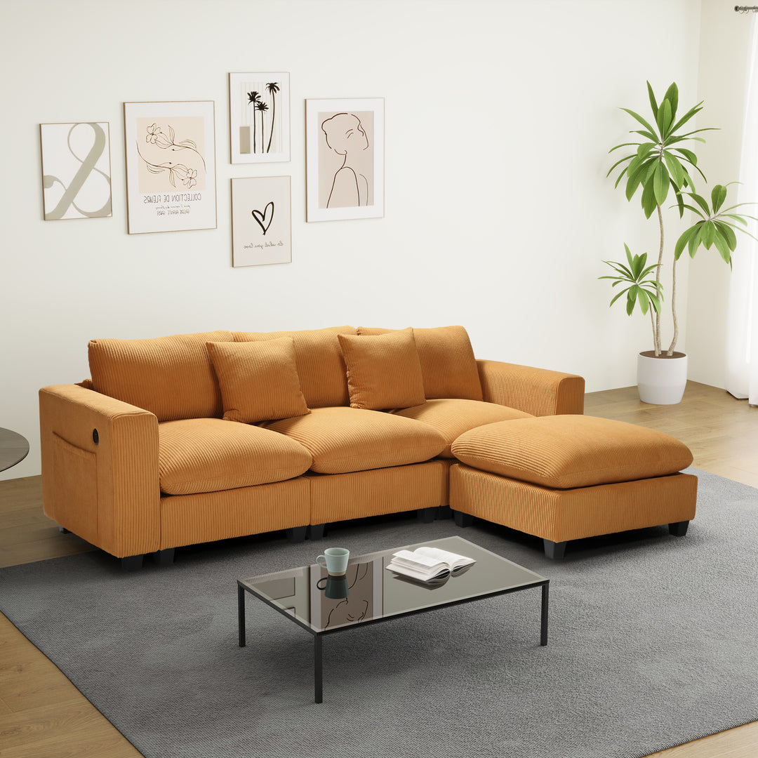 Hearthside 99" Modular Corduroy L-Shaped Sectional Sofa and Chaise With USB/Type-C Ports and Side Pockets