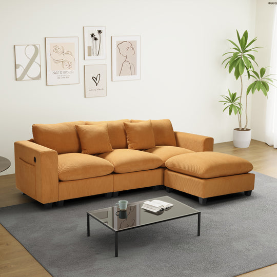 Hearthside 99" Modular Corduroy L-Shaped Sectional Sofa and Chaise With USB/Type-C Ports and Side Pockets