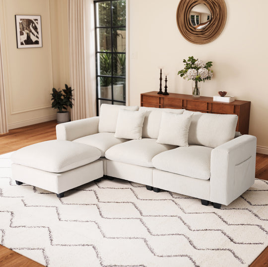 Hearthside 99" Modular Corduroy L-Shaped Sectional Sofa and Chaise With USB/Type-C Ports and Side Pockets