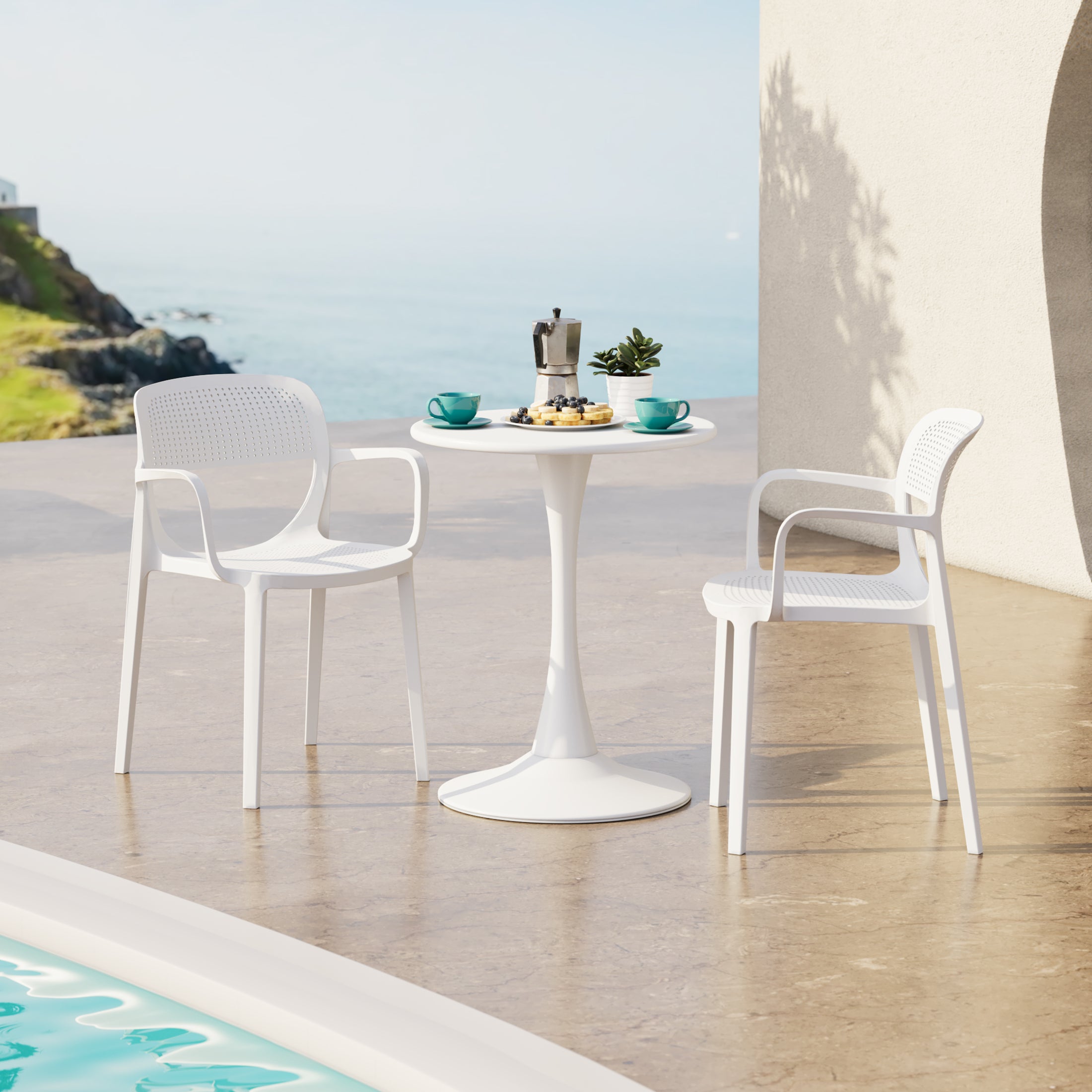 Playa 3-Piece Round Metal Bistro Dining Table Set And Stackable Resin Patio Dining Arm Chairs