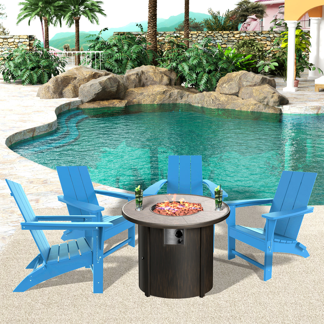 Ashore Modern Folding Poly Adirondack Chair With Round Fire Pit Table