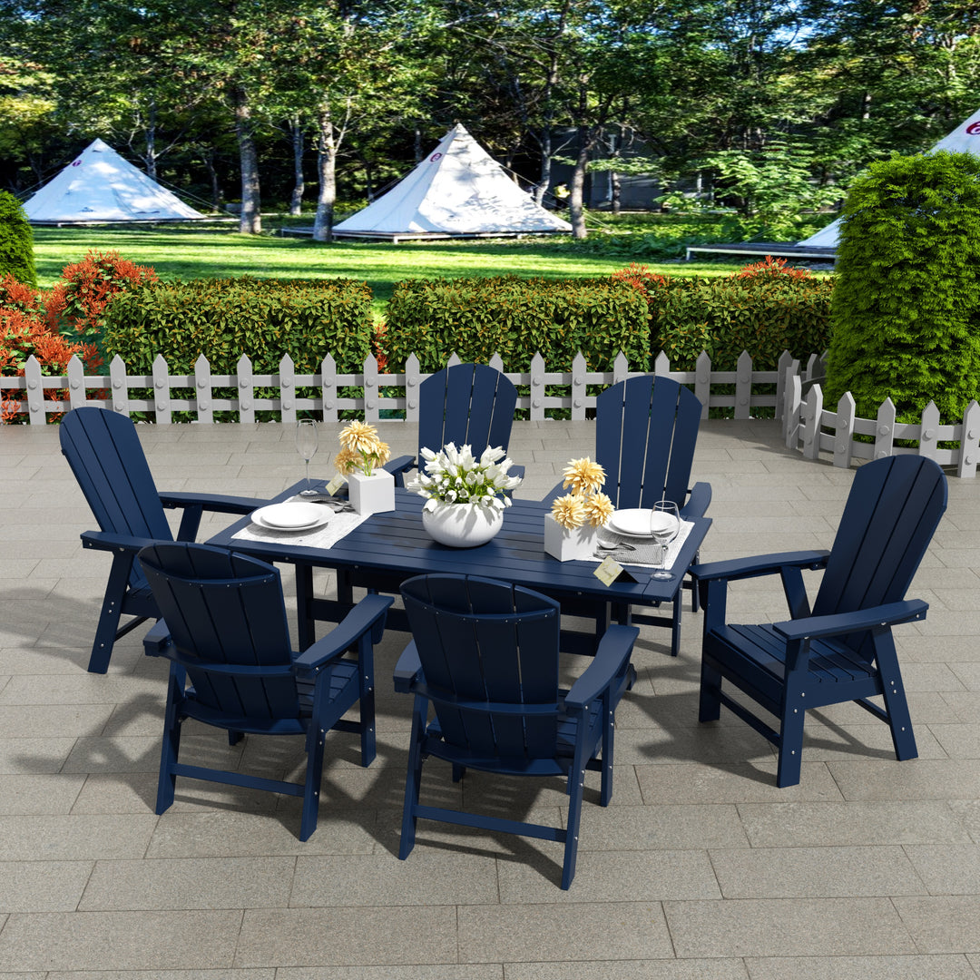 Malibu 7 Piece Outdoor Patio Dining Table and Adirondack Armchair Set