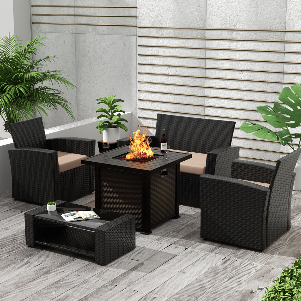 Coastal 4-Piece Conversation Outdoor Patio Sofa Set with Square Fire Pit Table