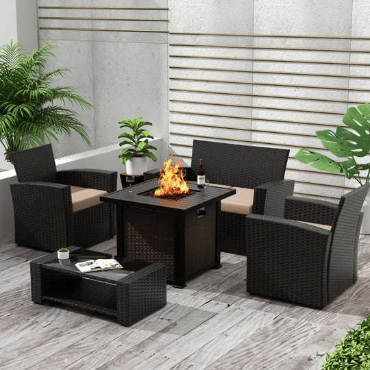 Coastal 4-Piece Black Outdoor Patio Conversation Sofa Set with Square Fire Pit Table