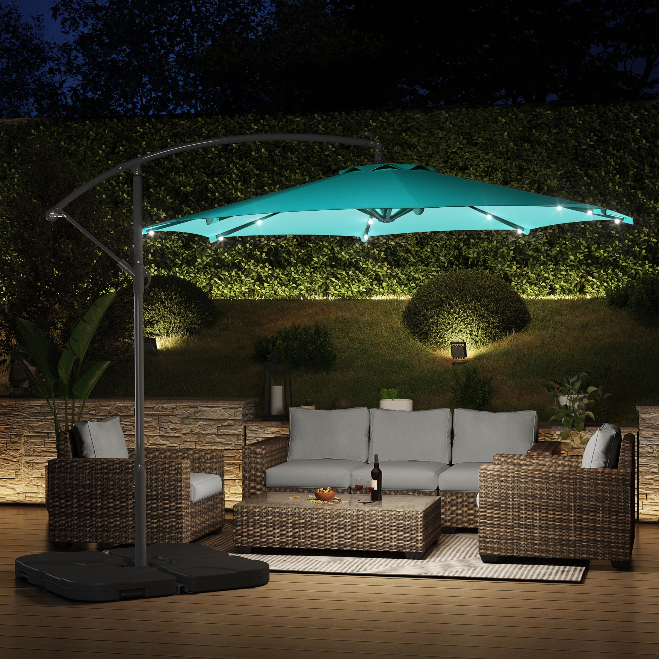 Albert 10 ft. Outdoor / Paito Cantilever Hanging Umbrella with Solar Power LED lights and 50 lbs concrete weight base kit