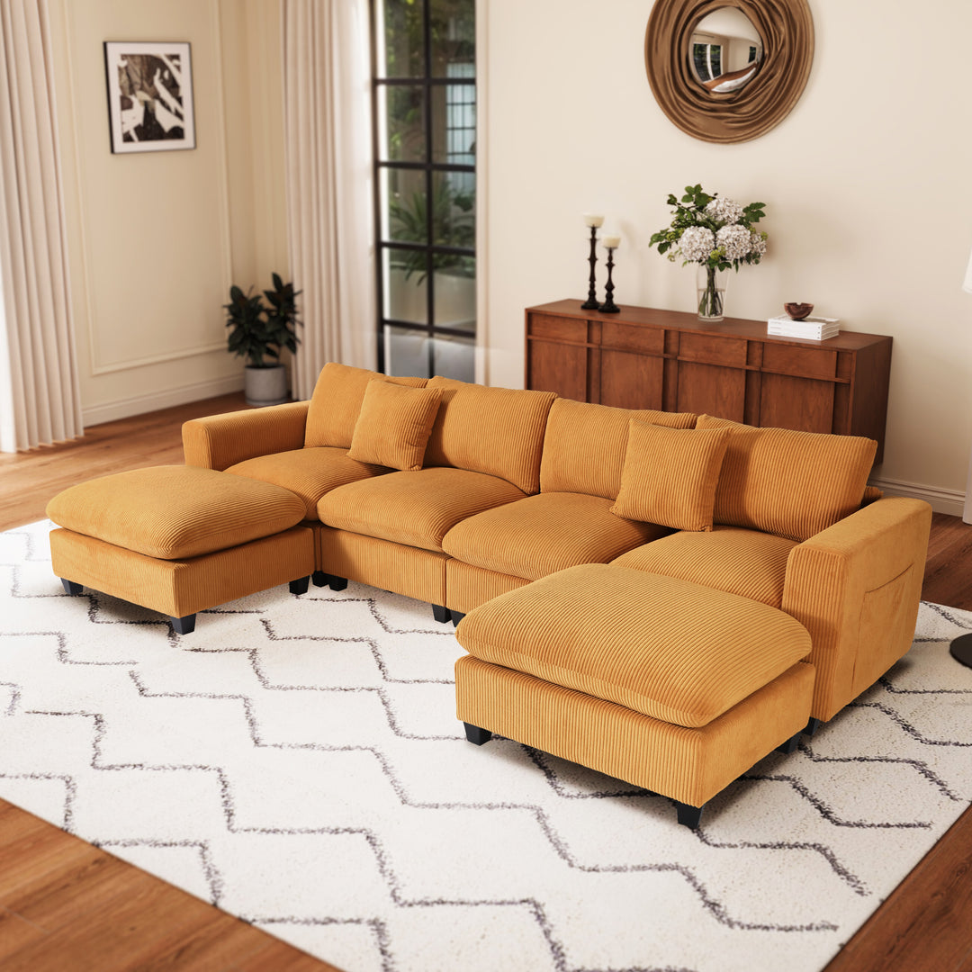 Hearthside 128" Corduroy Modular U-Shaped Sectional Couch and Chaise With USB/Type-C Ports and Side Pockets