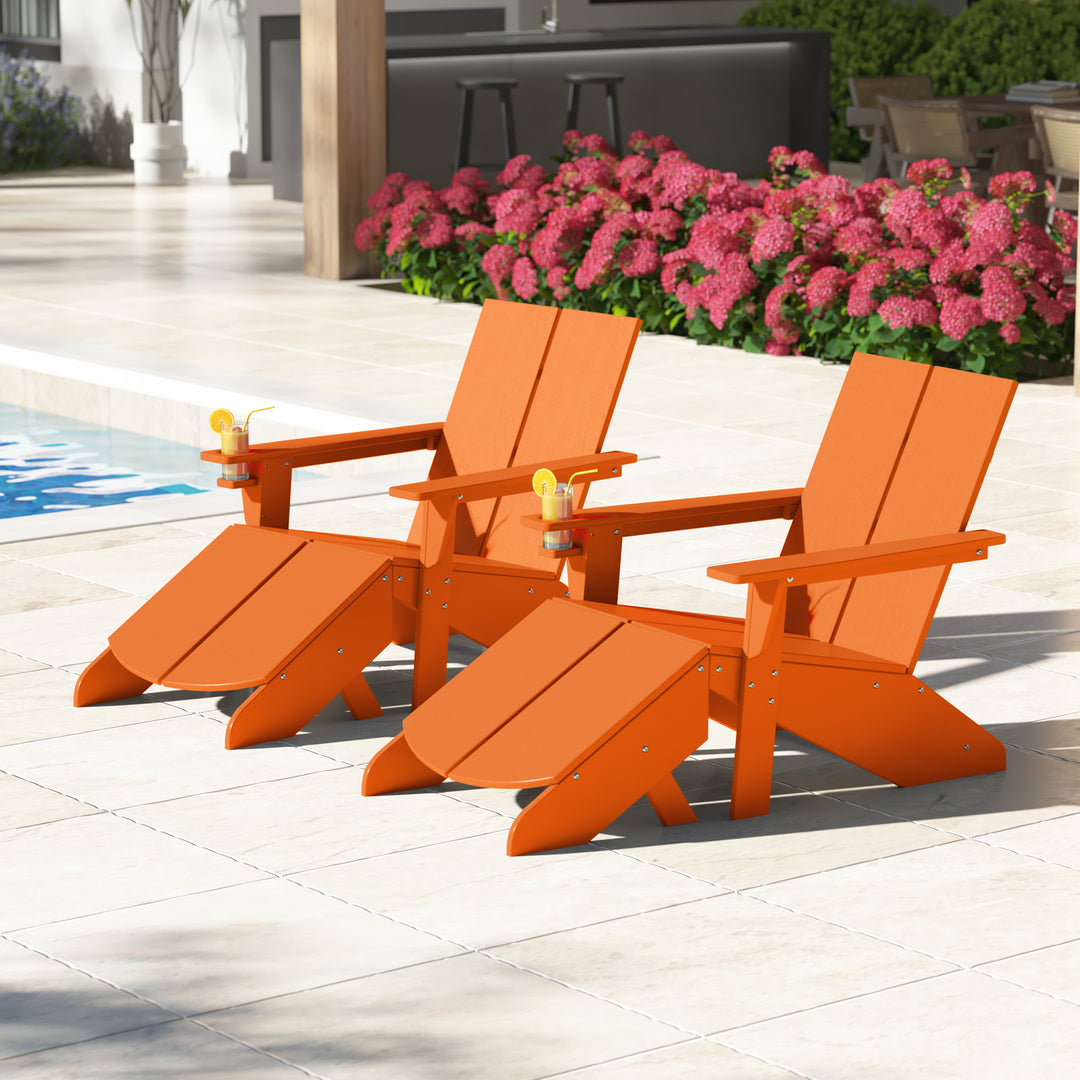 Riviera Outdoor 4-Piece HDPE Modern Adirondack Chairs Set with Folding Patio Ottomans and Cup Holder