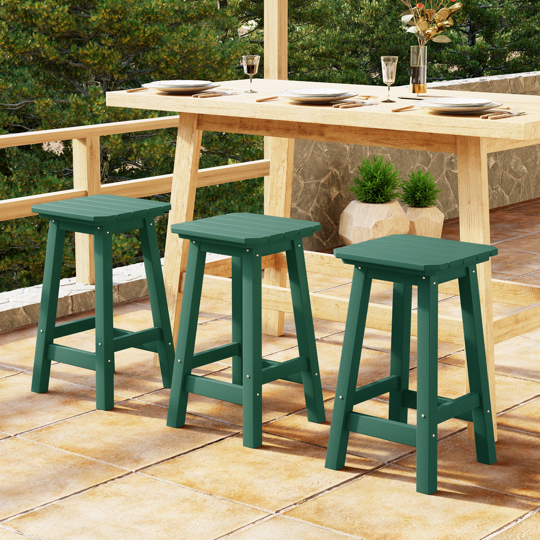 Malibu 24" HDPE Outdoor Patio Counter High Backless Square Bar Stools Set of Three