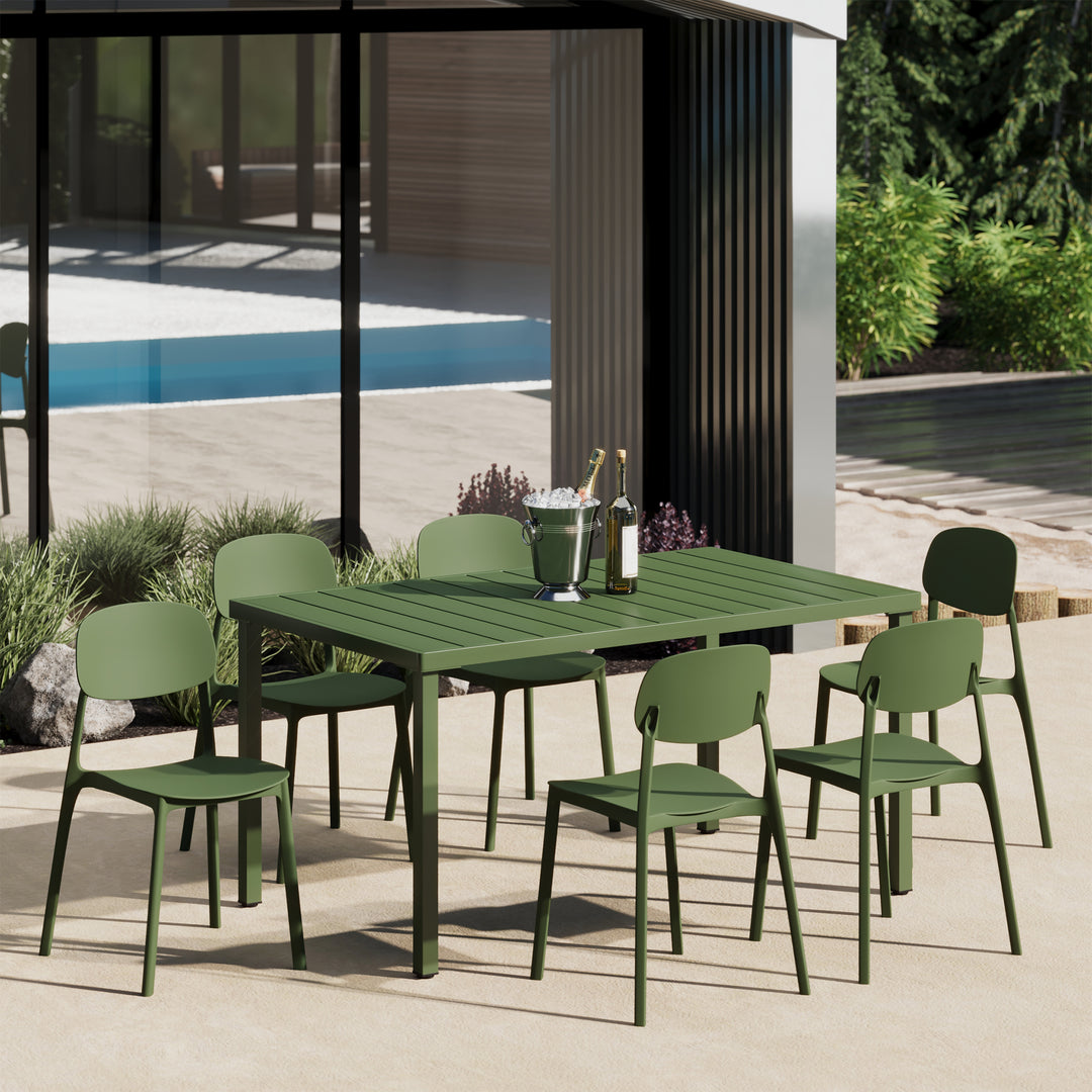 Playa 7-Piece Outdoor Rectangular Metal Patio Dining Table Set With Mid-Century Modern Stackable Patio Side Chairs