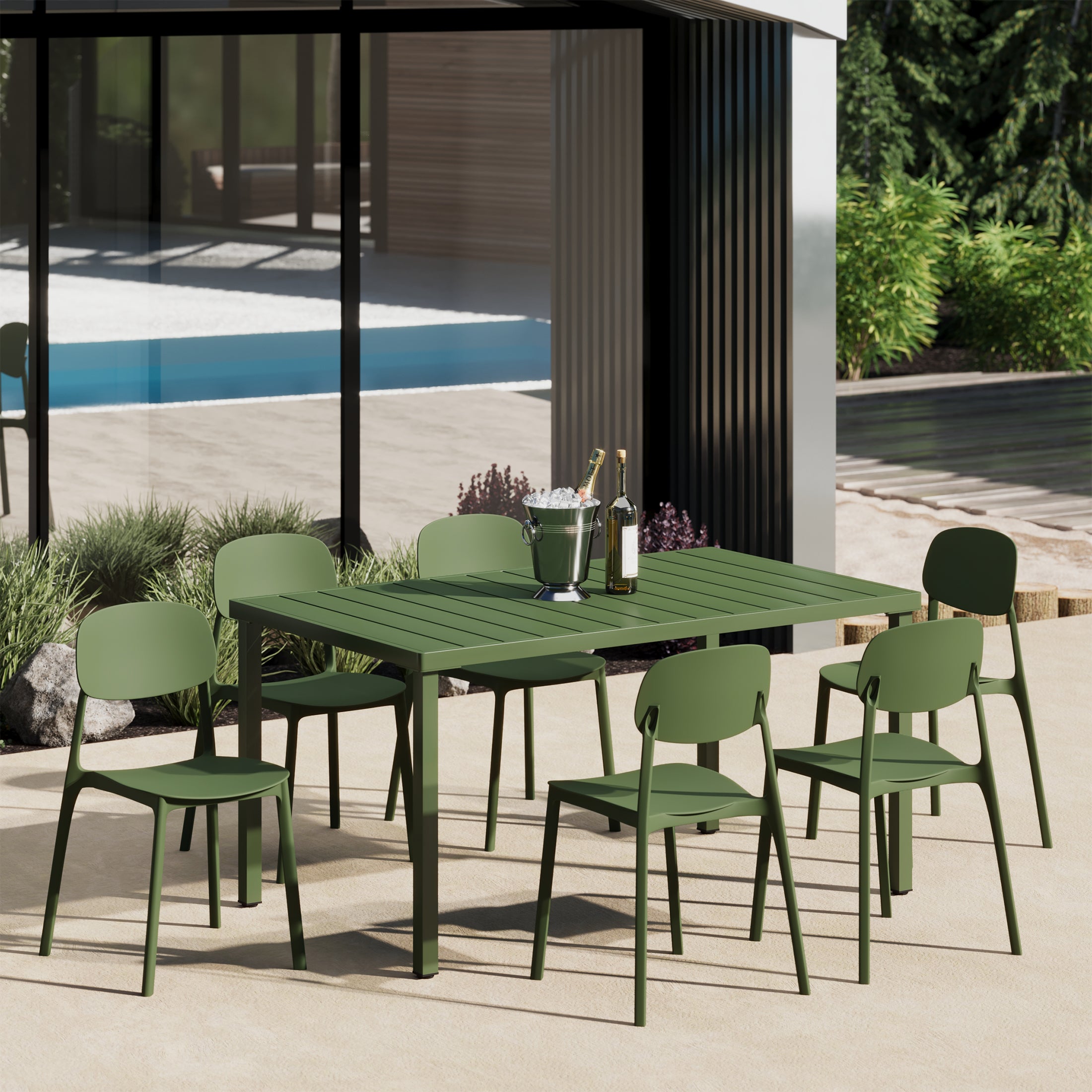 Playa 7-Piece Outdoor Rectangular Metal Patio Dining Table Set With Mid-Century Modern Stackable Patio Side Chairs