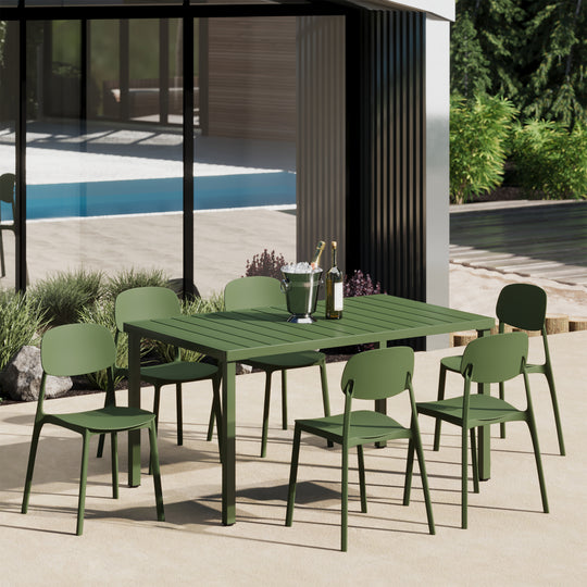 Playa 7-Piece Outdoor Rectangular Metal Patio Dining Table Set With Mid-Century Modern Stackable Patio Side Chairs