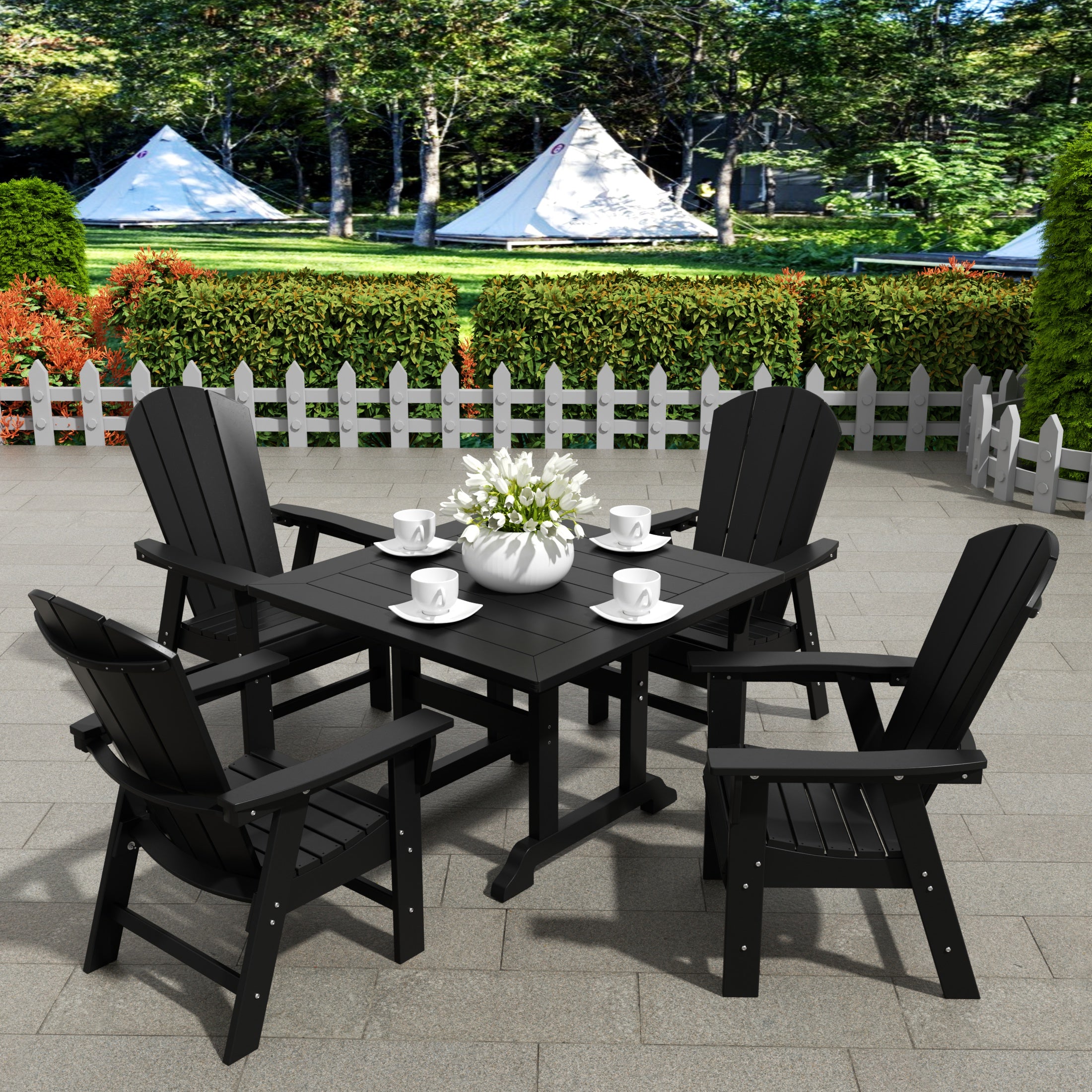 Malibu 5 Piece Outdoor Patio Dining Square Table and Curved Back Armchair Set