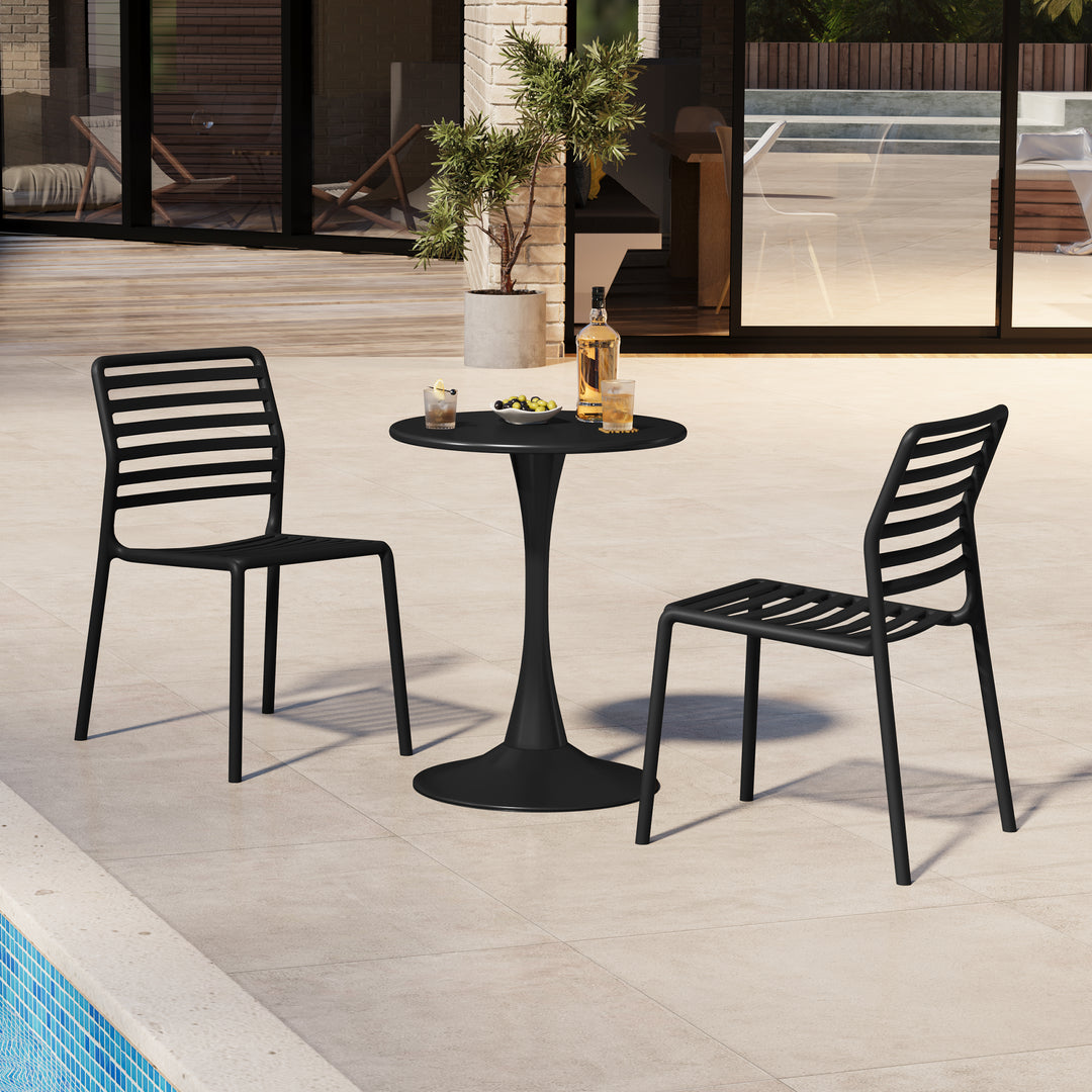 Playa 3-Piece Outdoor Metal Round Dining Table Set With Stackable Resin Patio Dining Chairs
