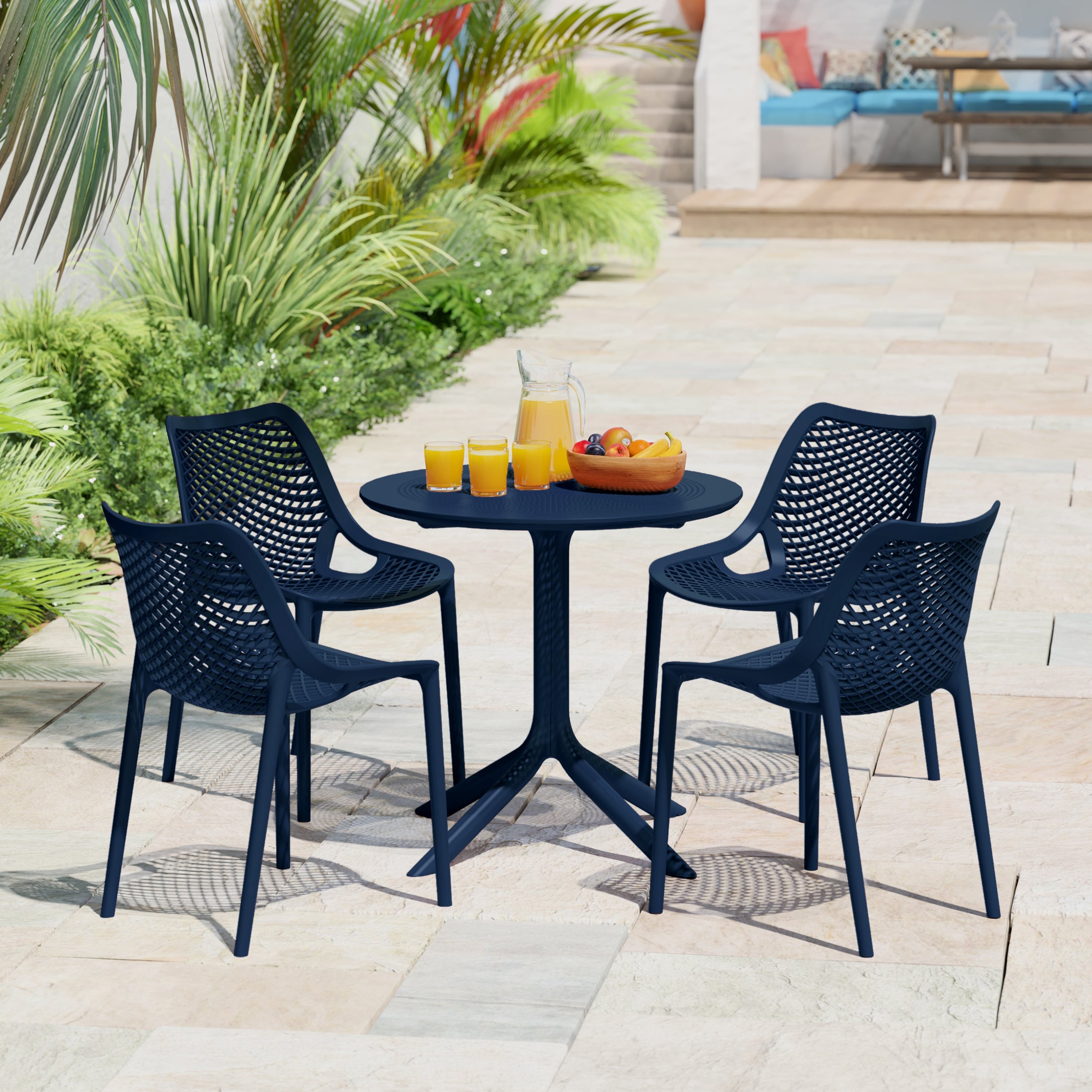 Playa 5-Piece Modern Round Patio Dining Table Set with Stackable Patio Dining Chairs