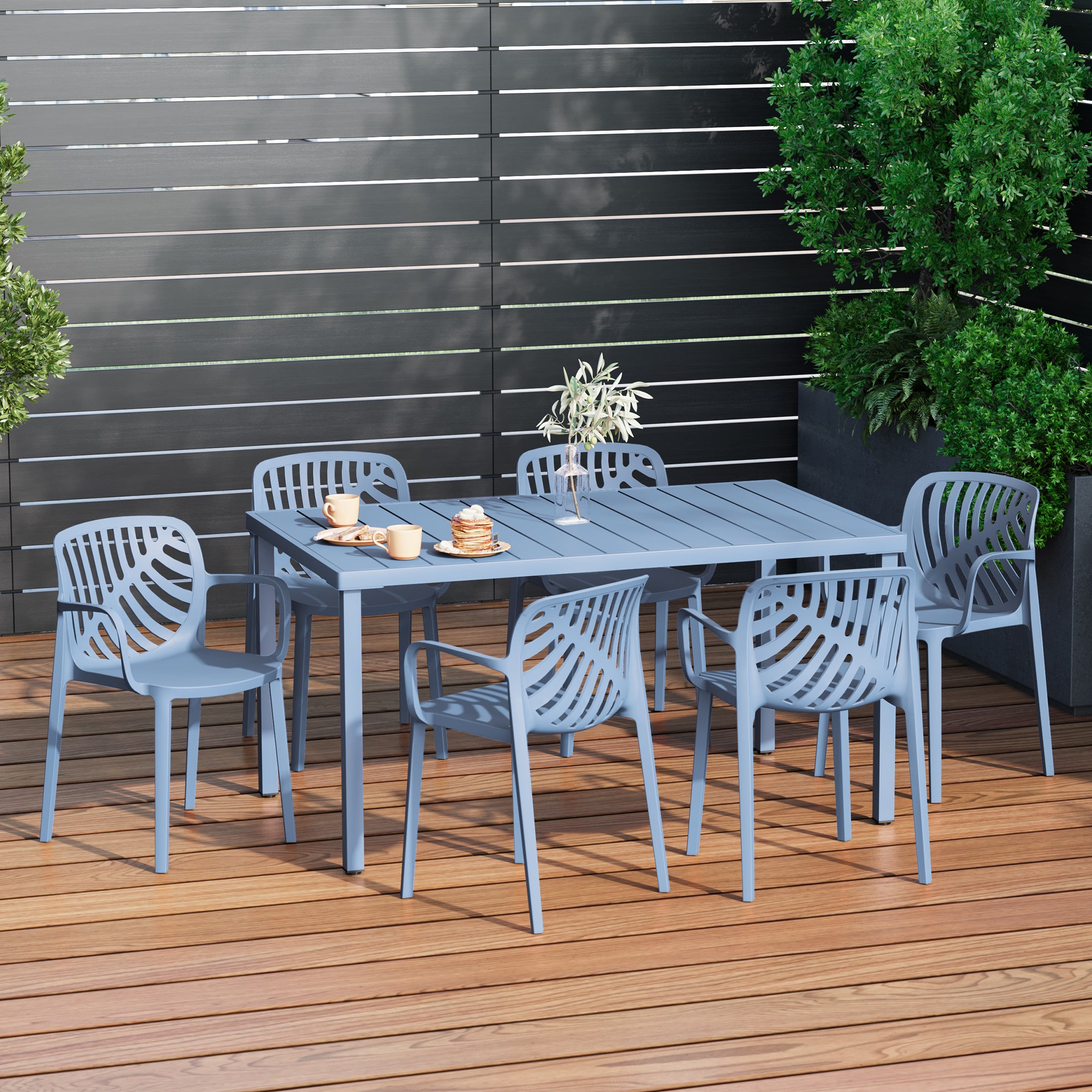 Playa 7-Piece Outdoor Metal Rectangle Patio Dining Table Set With Stackable Resin Patio Dining Chairs