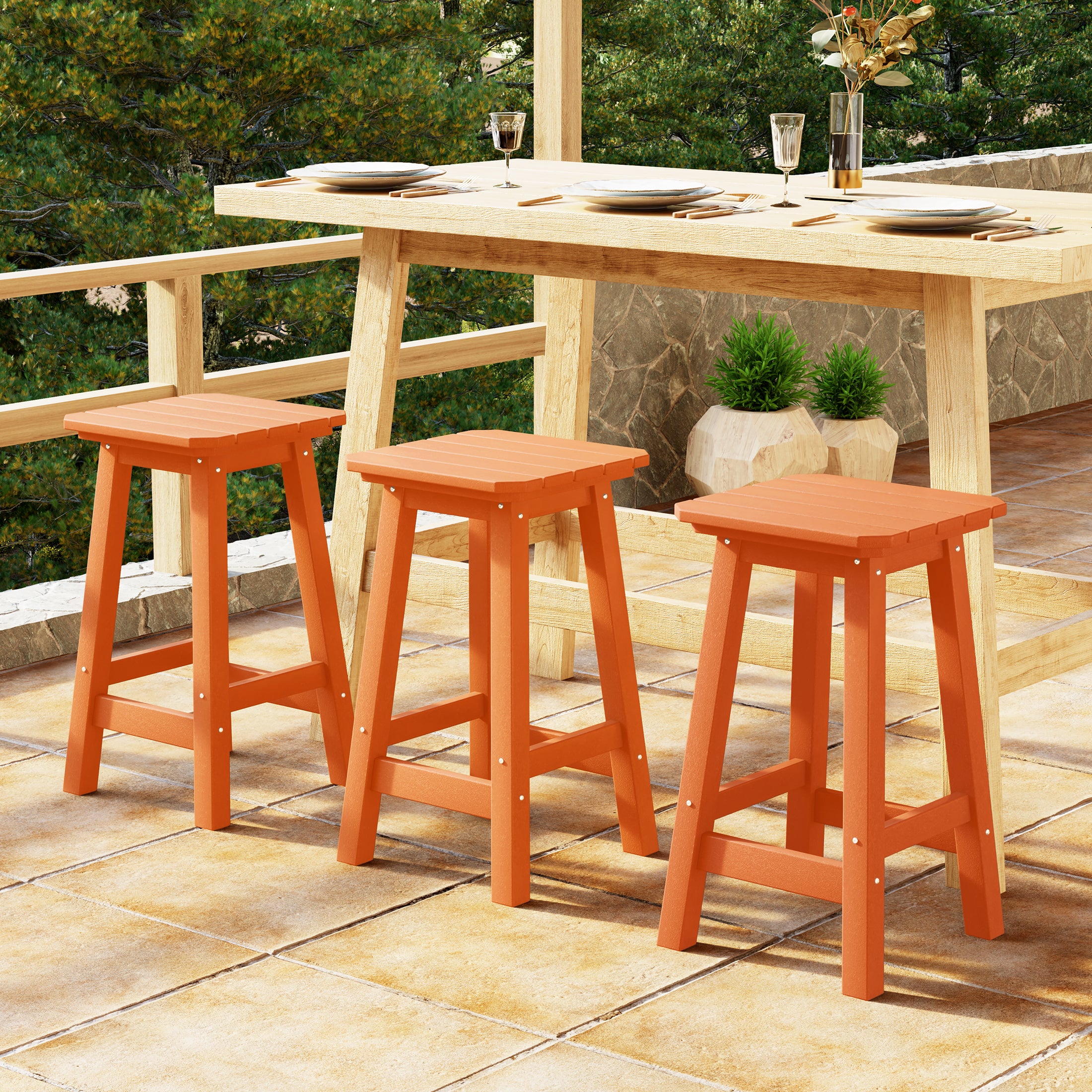 Malibu 24" HDPE Outdoor Patio Counter High Backless Square Bar Stools Set of Three