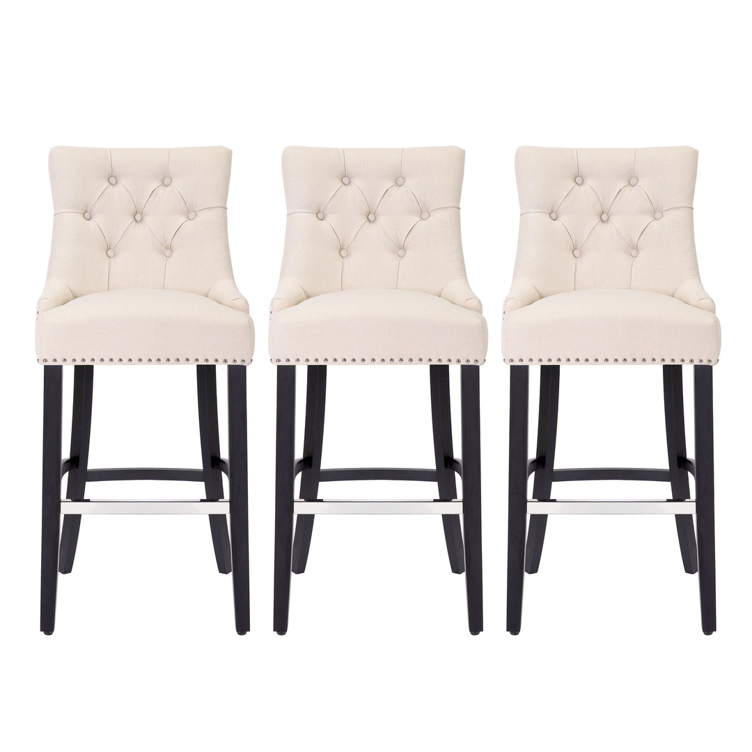 Hayes 29" Upholstered Tufted Wood Bar Stool (Set of 3), Black