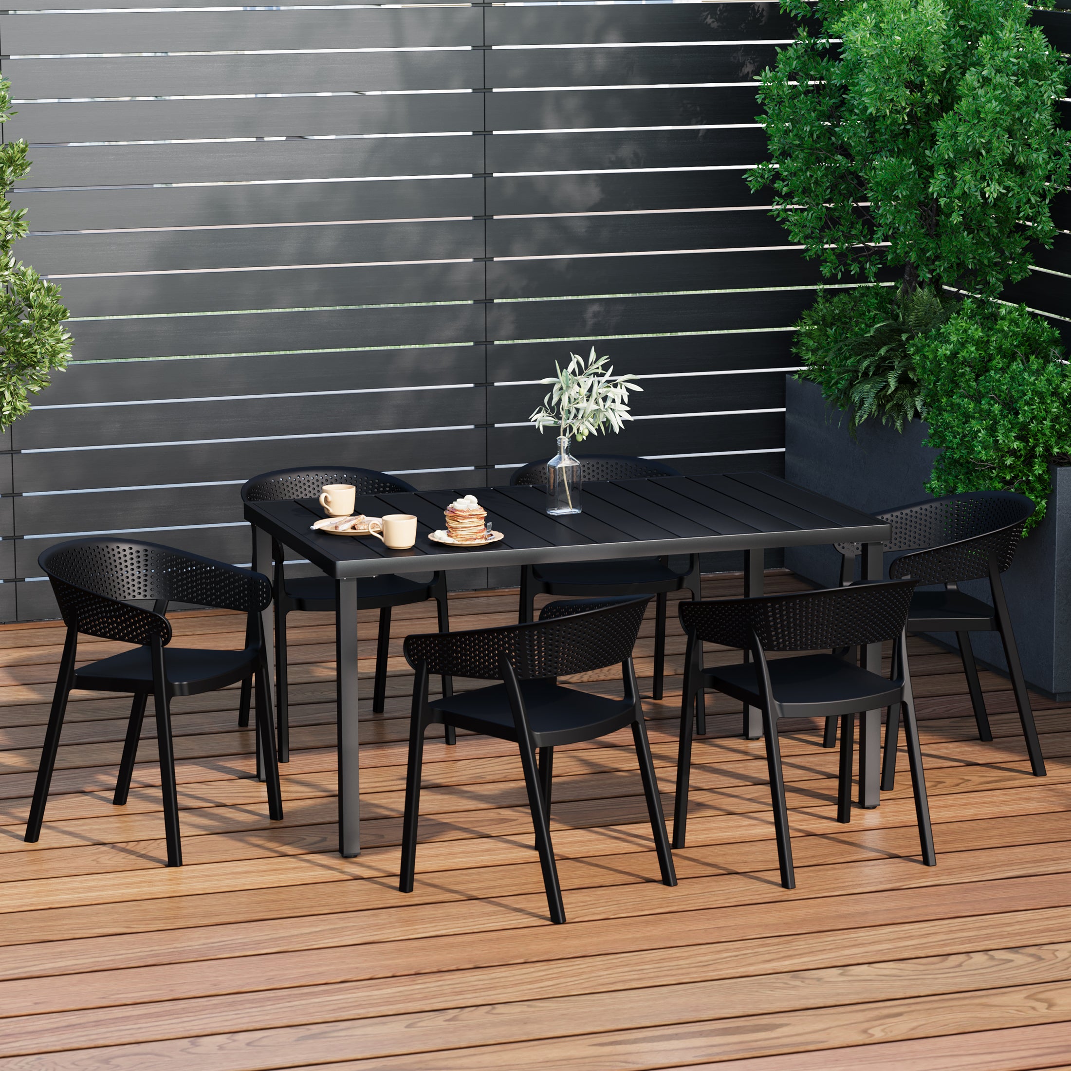 Playa 7-Piece Outdoor Metal Rectangle Patio Dining Table Set With Stackable Patio Dining Chairs