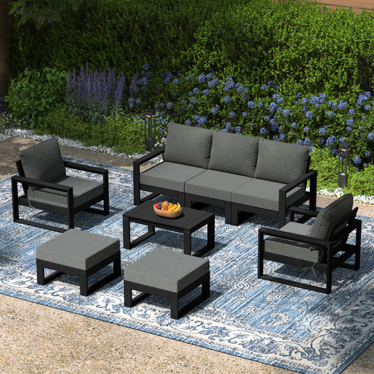 Montara 8-Piece Modern HDPE Outdoor Patio Furniture Conversation Set with Coffee Table and Ottomans