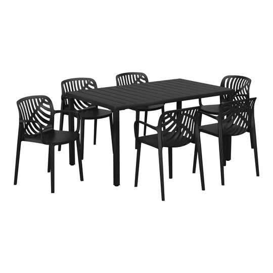 Playa 7-Piece Outdoor Metal Rectangle Patio Dining Table Set With Stackable Resin Patio Dining Chairs