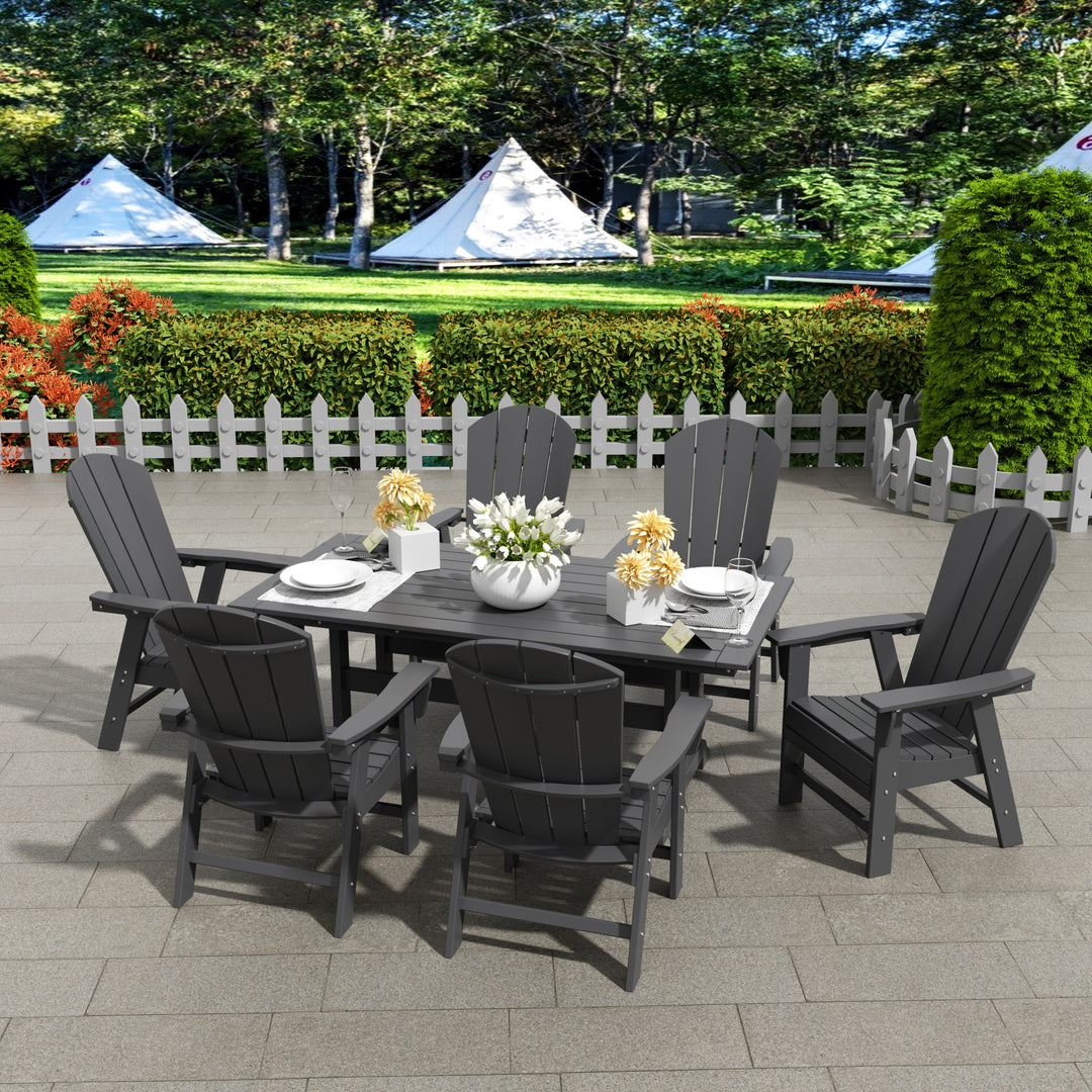 Malibu 7 Piece Outdoor Patio Dining Table and Adirondack Armchair Set