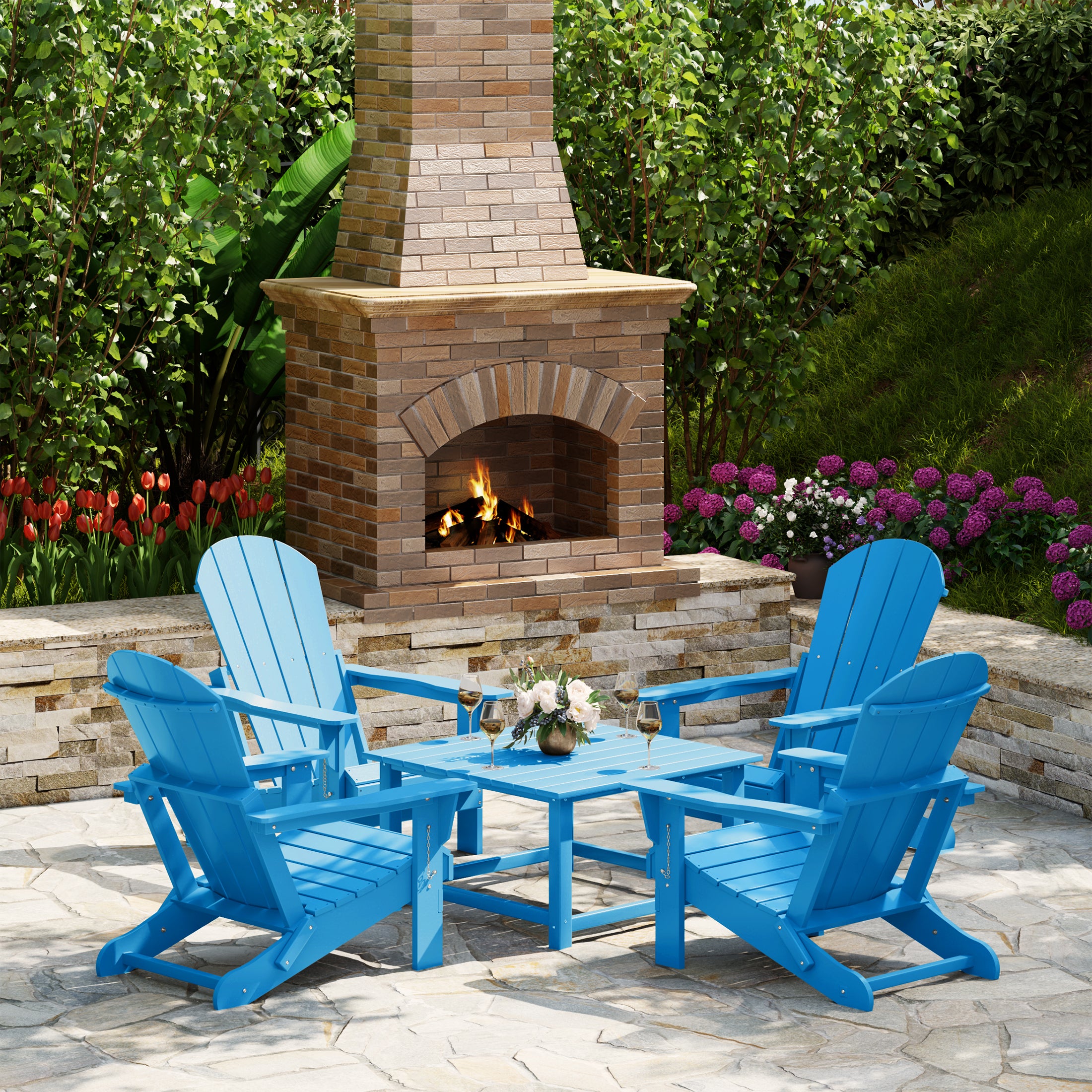Malibu 5-Piece HDPE Adirondack Chair Outdoor Patio Square Table Conversation Set