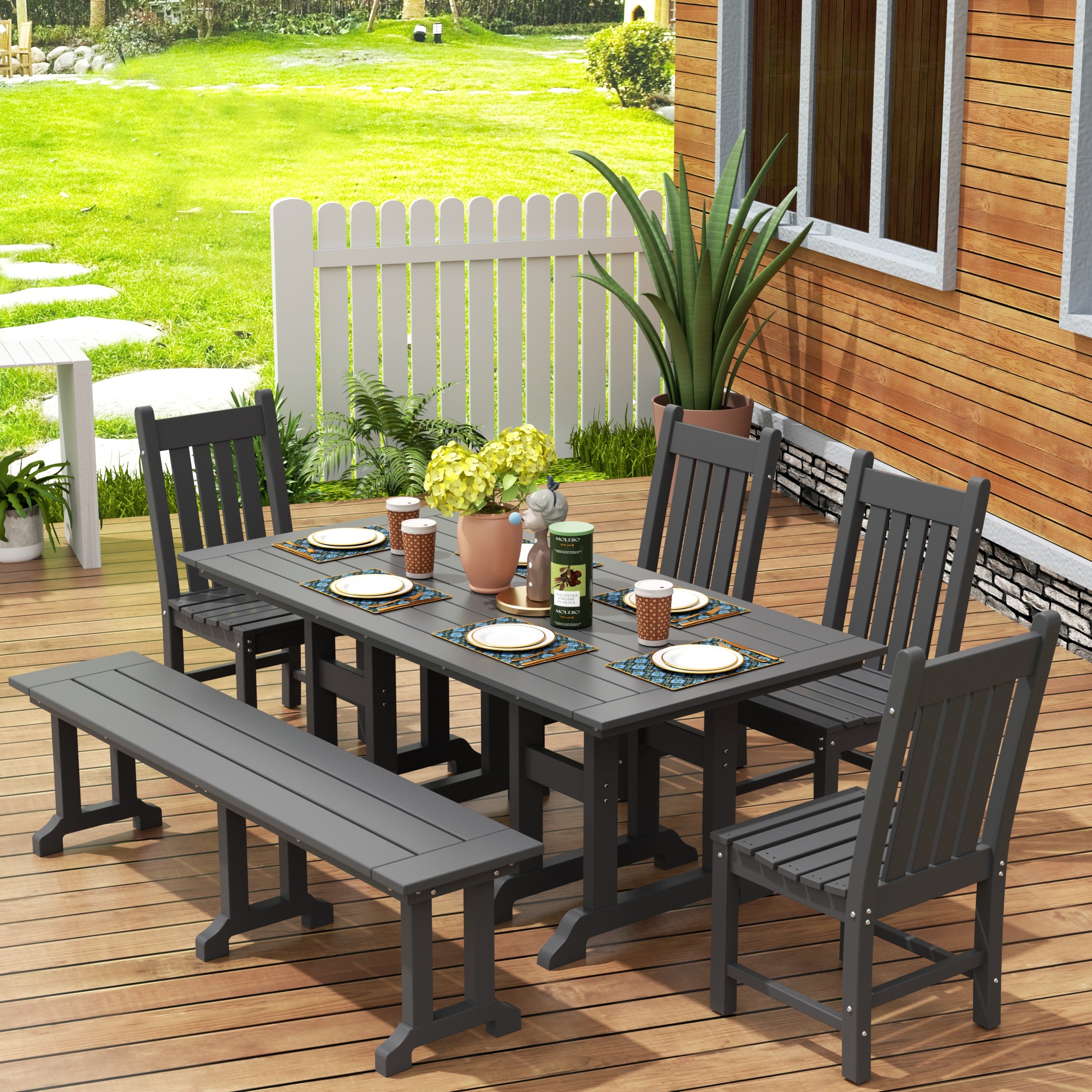 Malibu 6-Piece Outdoor Patio Dining Set Outdoor Table and Bench Chair Set