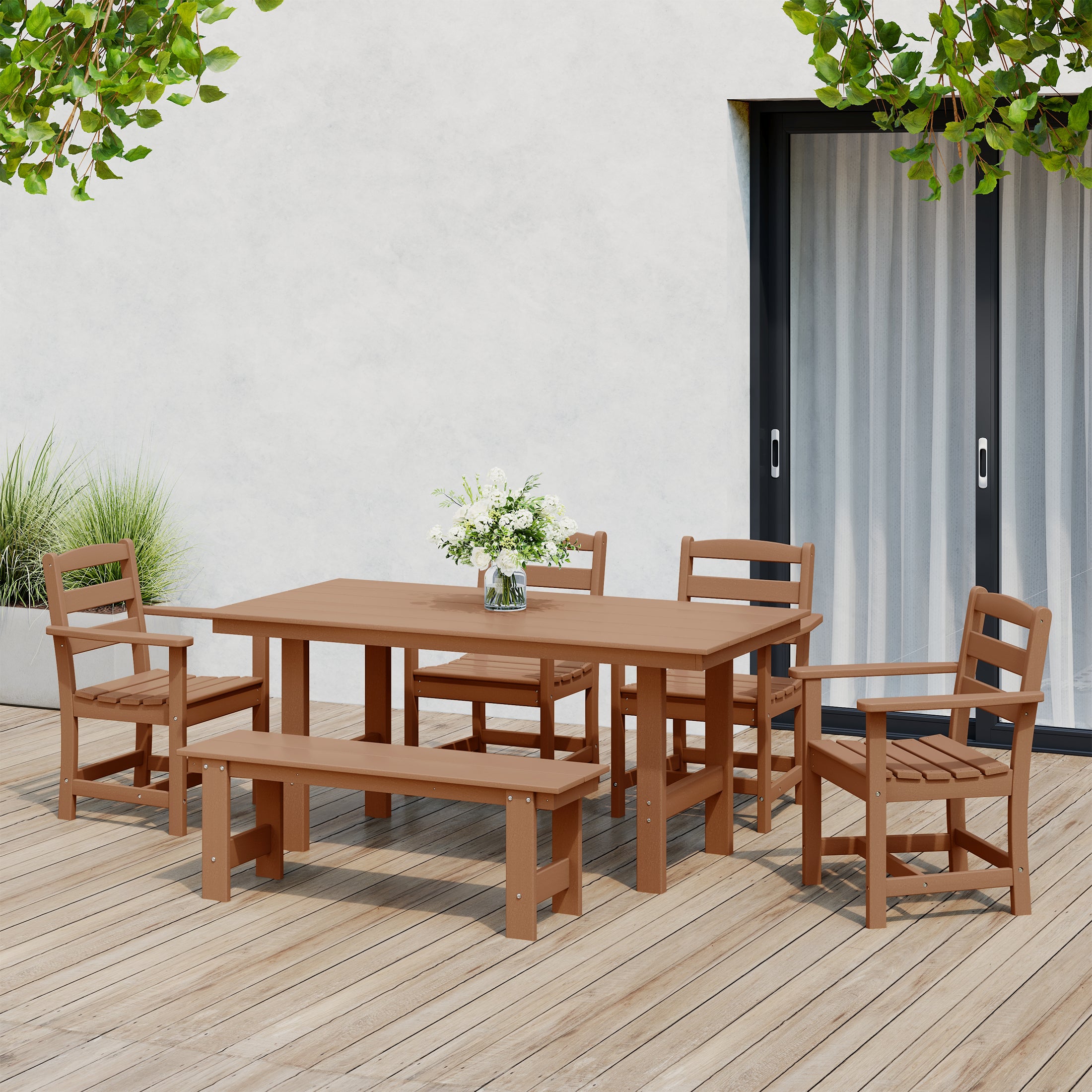 Ashore 6-Piece Outdoor HDPE Patio Dining Table Set with Bench