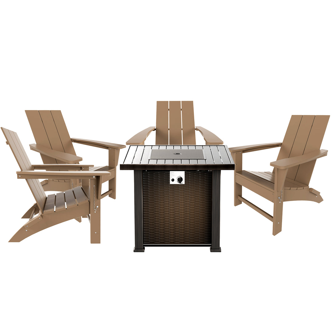 Ashore Modern Folding Poly Adirondack Chair With Square Fire Pit Table Set