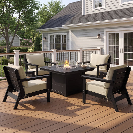Avalon 5-Piece HDPE Patio Conversation Set with Cushions &amp; Square 42" Fire Pit Table
