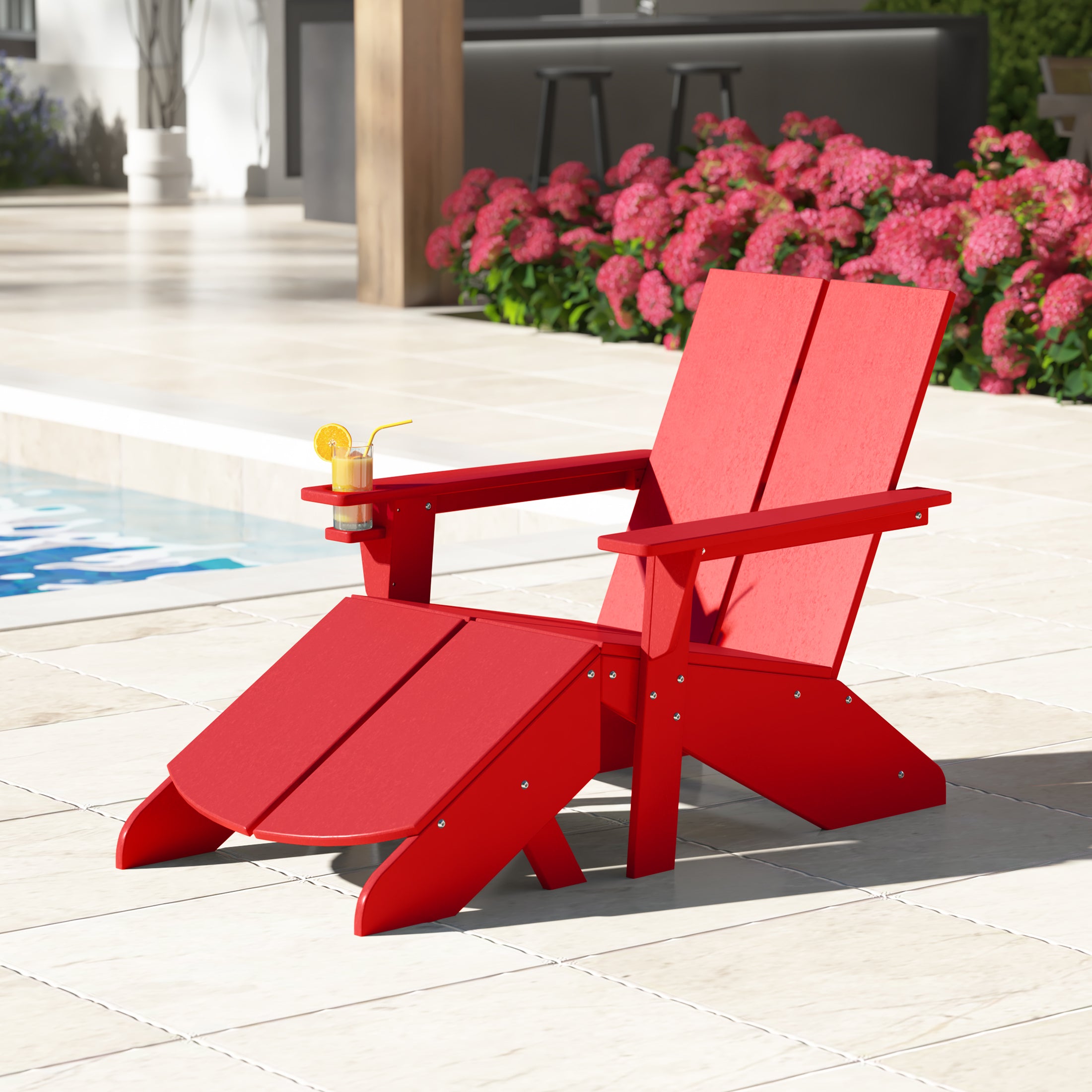 Riviera Outdoor HDPE Modern Adirondack Chair with Folding Patio Ottoman and Cup Holder