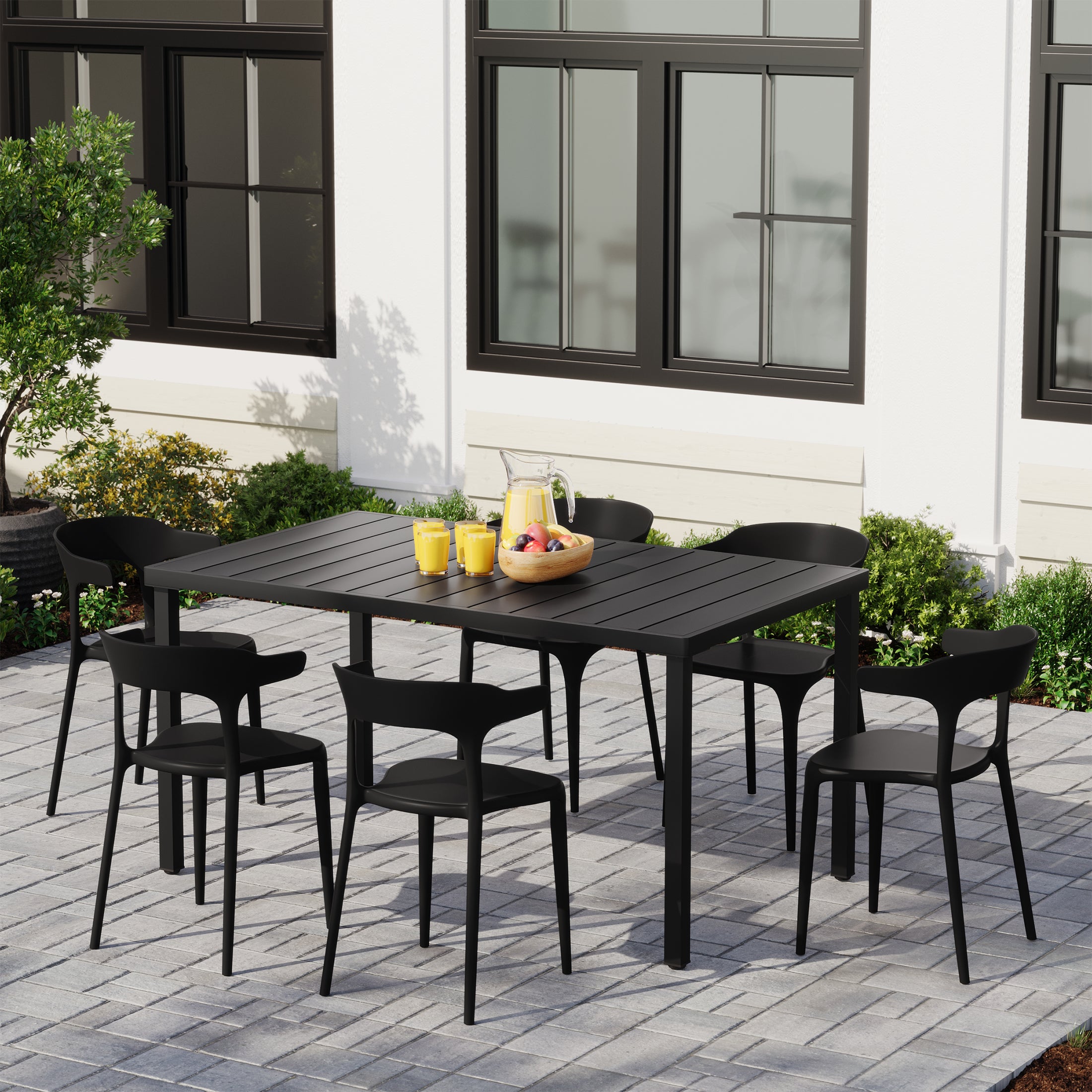 Playa 7-Piece Outdoor Metal Rectangle Patio Dining Table Set With Stackable Plastic Dining Chairs For 6