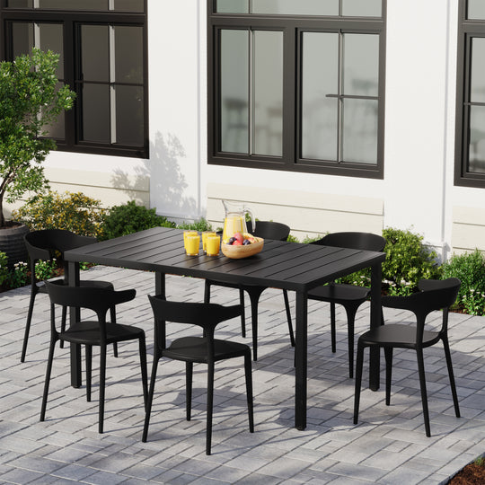 Playa 7-Piece Outdoor Metal Rectangle Patio Dining Table Set With Stackable Plastic Dining Chairs For 6