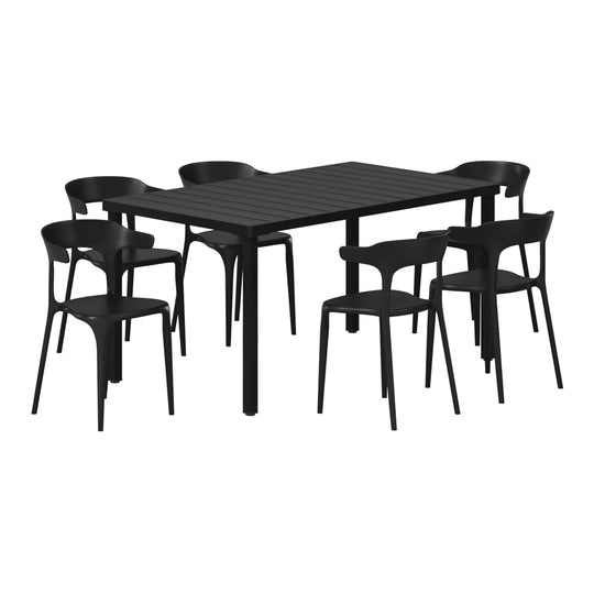 Playa 7-Piece Outdoor Metal Rectangle Patio Dining Table Set With Stackable Plastic Dining Chairs For 6