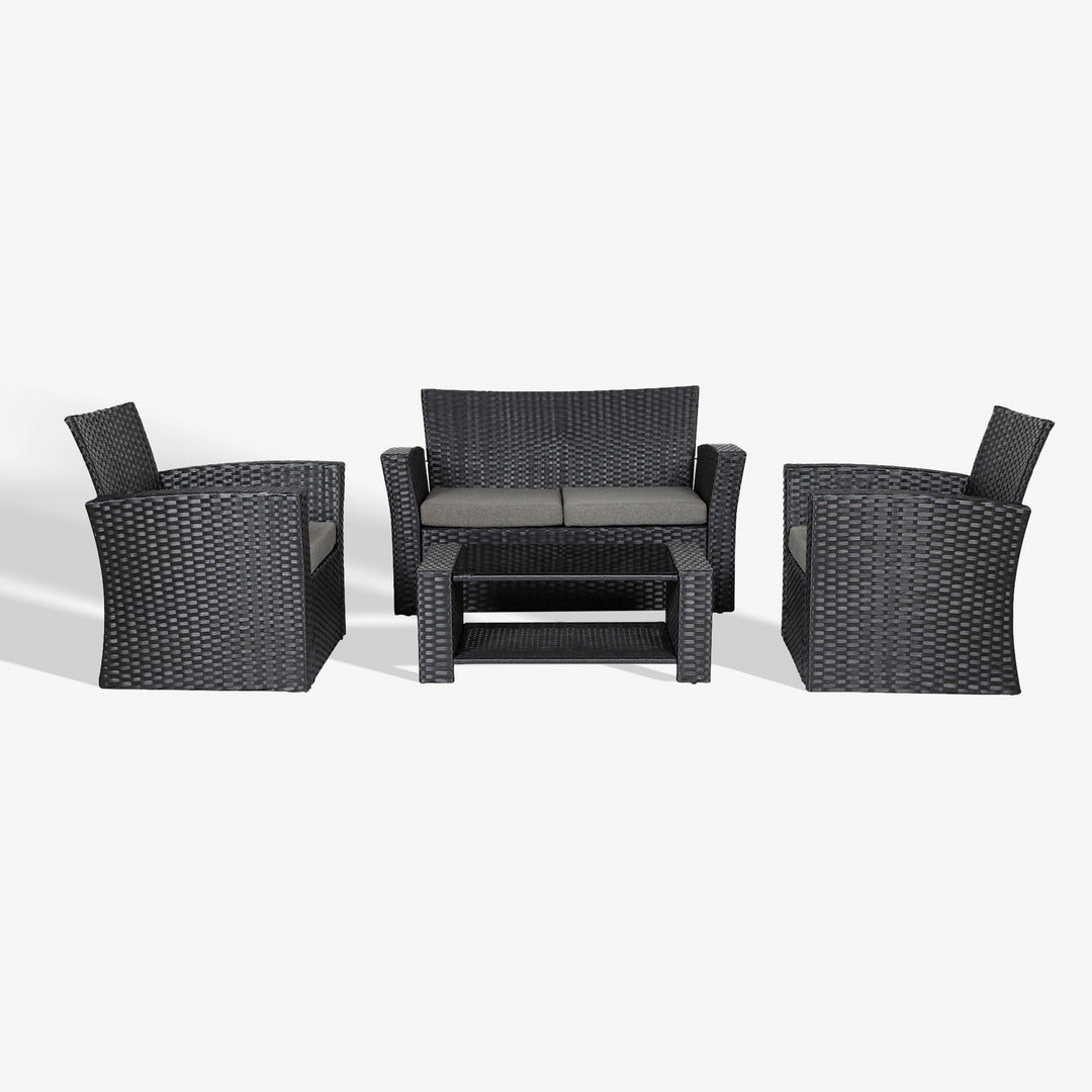 Coastal 4-Piece set Black color base Outdoor / Patio Wicker Rattan Conversation Sofa set with cushions and a Coffee table ( 4 seater )