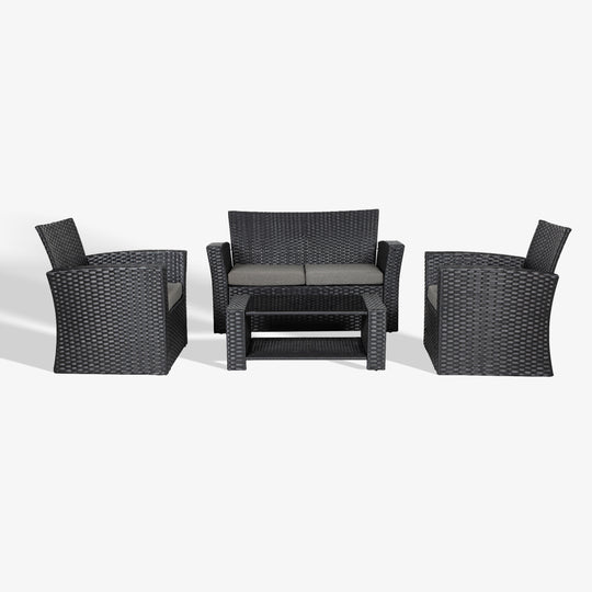 Coastal 4-Piece set Black color base Outdoor / Patio Wicker Rattan Conversation Sofa set with cushions and a Coffee table ( 4 seater )