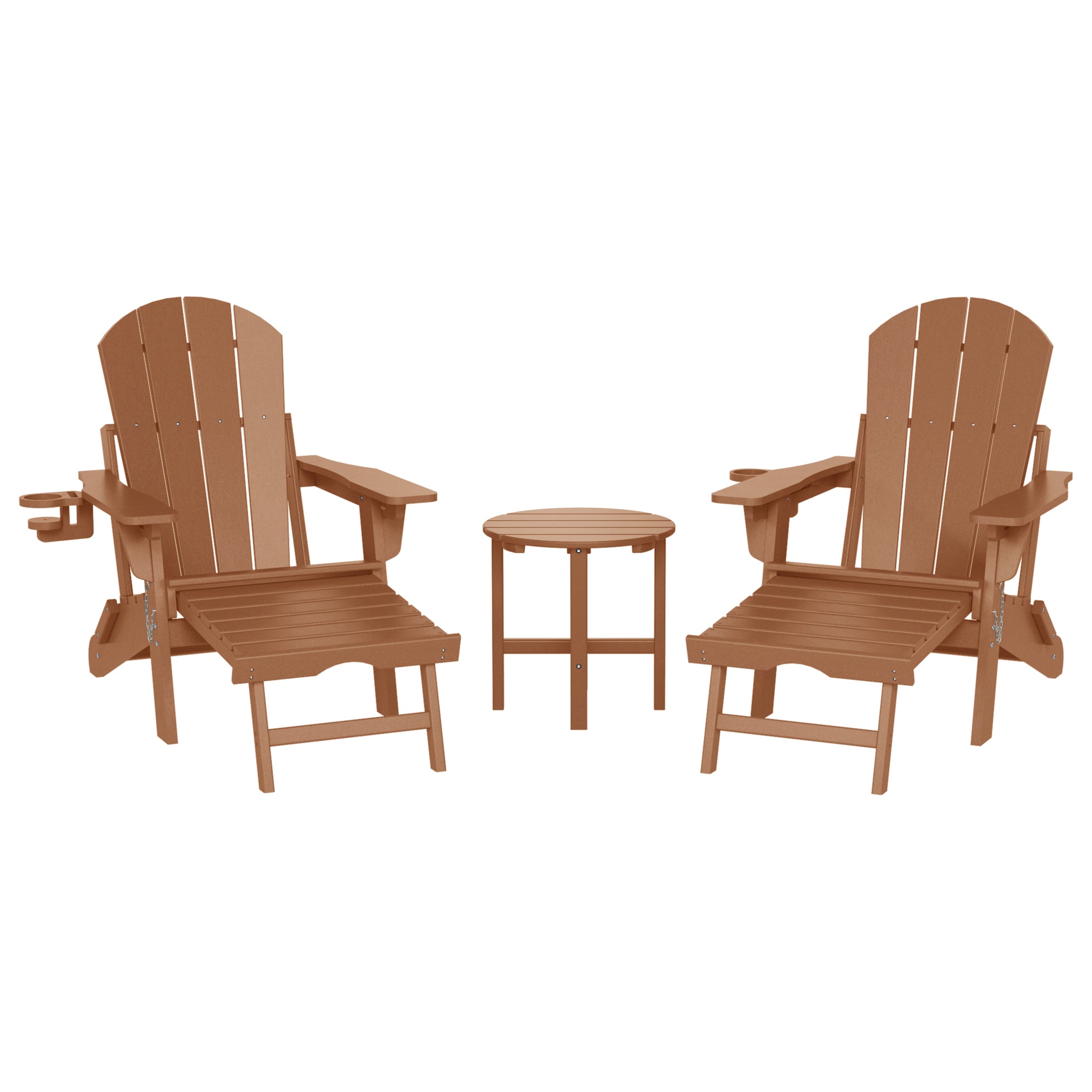 Malibu 3-Piece Outdoor Folding Adjustable Adirondack Chair with Cup Holder & Hideaway Ottoman and 18" Side Table